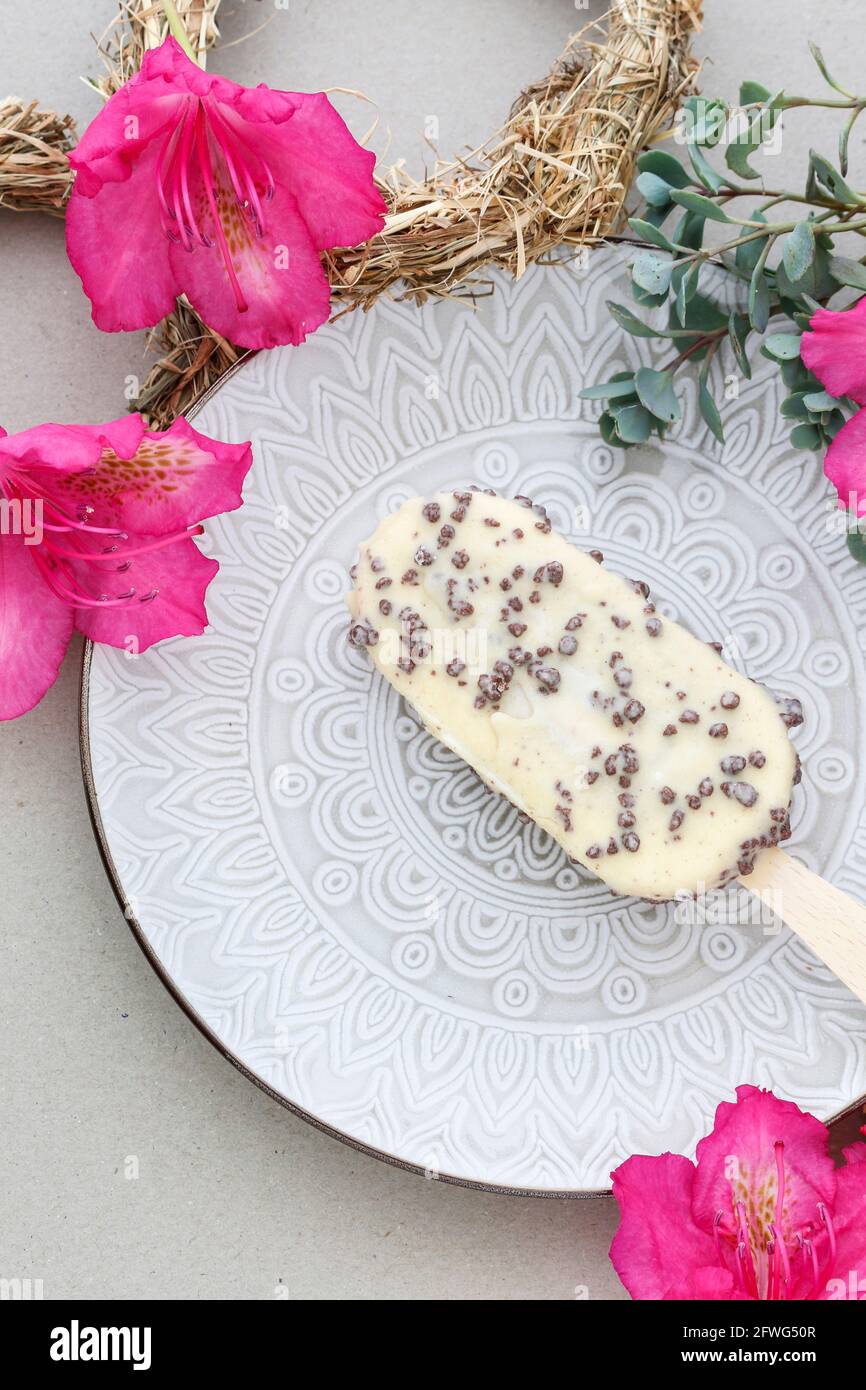 Crème glacée blanche sur bâton. Dessert de fête Banque D'Images