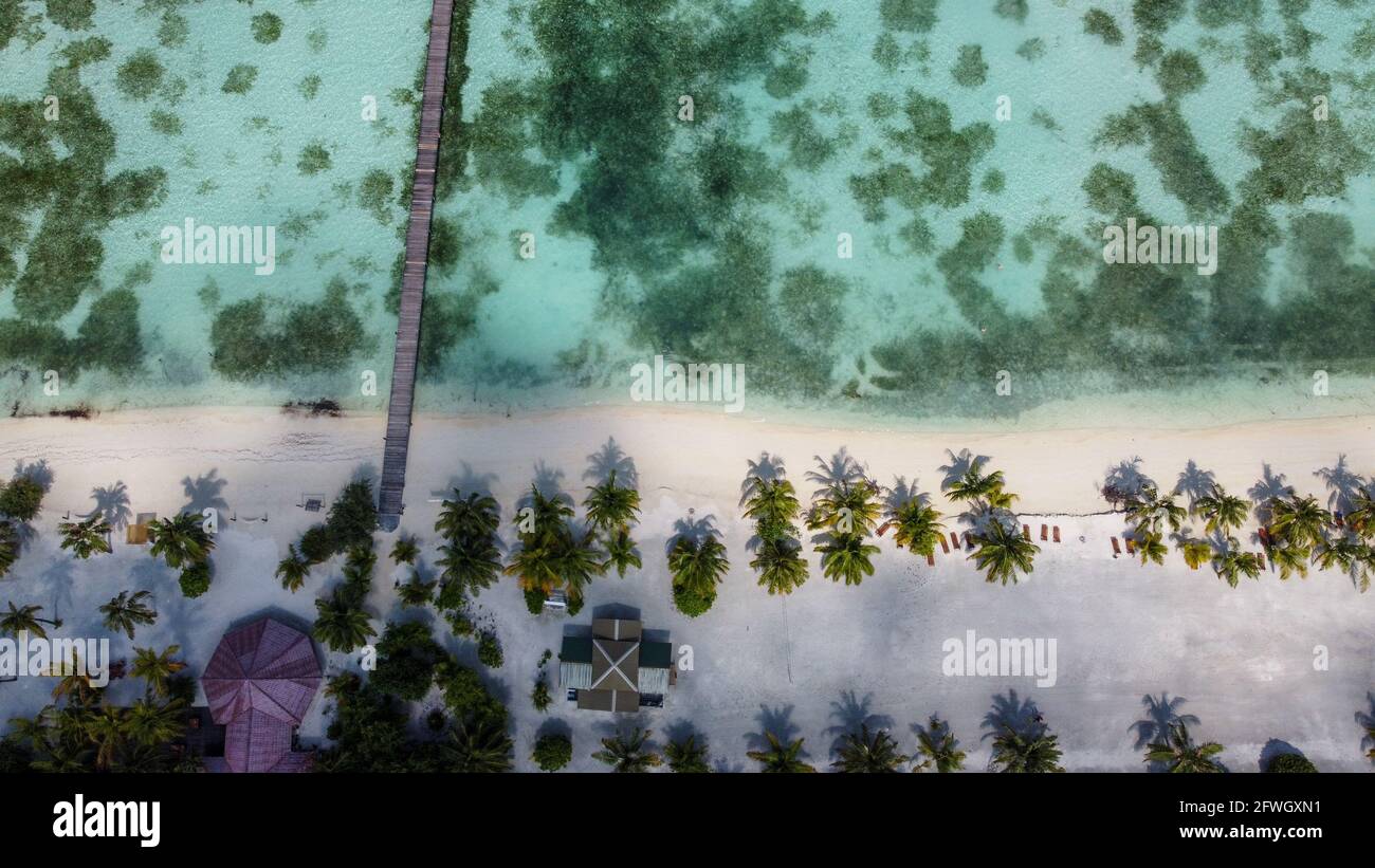 Maldives Resort île vue aérienne drone, océan Indien atoll nature plage et forêt de palmiers, loisirs vacances de luxe touristique Banque D'Images