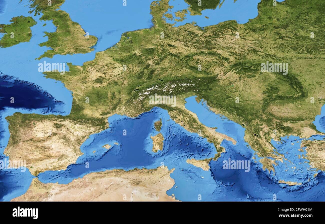 Vue de l'Europe à plat depuis l'espace, carte détaillée sur la photo satellite mondiale. Partie européenne de la carte physique du monde avec surface de texture. Terrain vert et bleu Banque D'Images