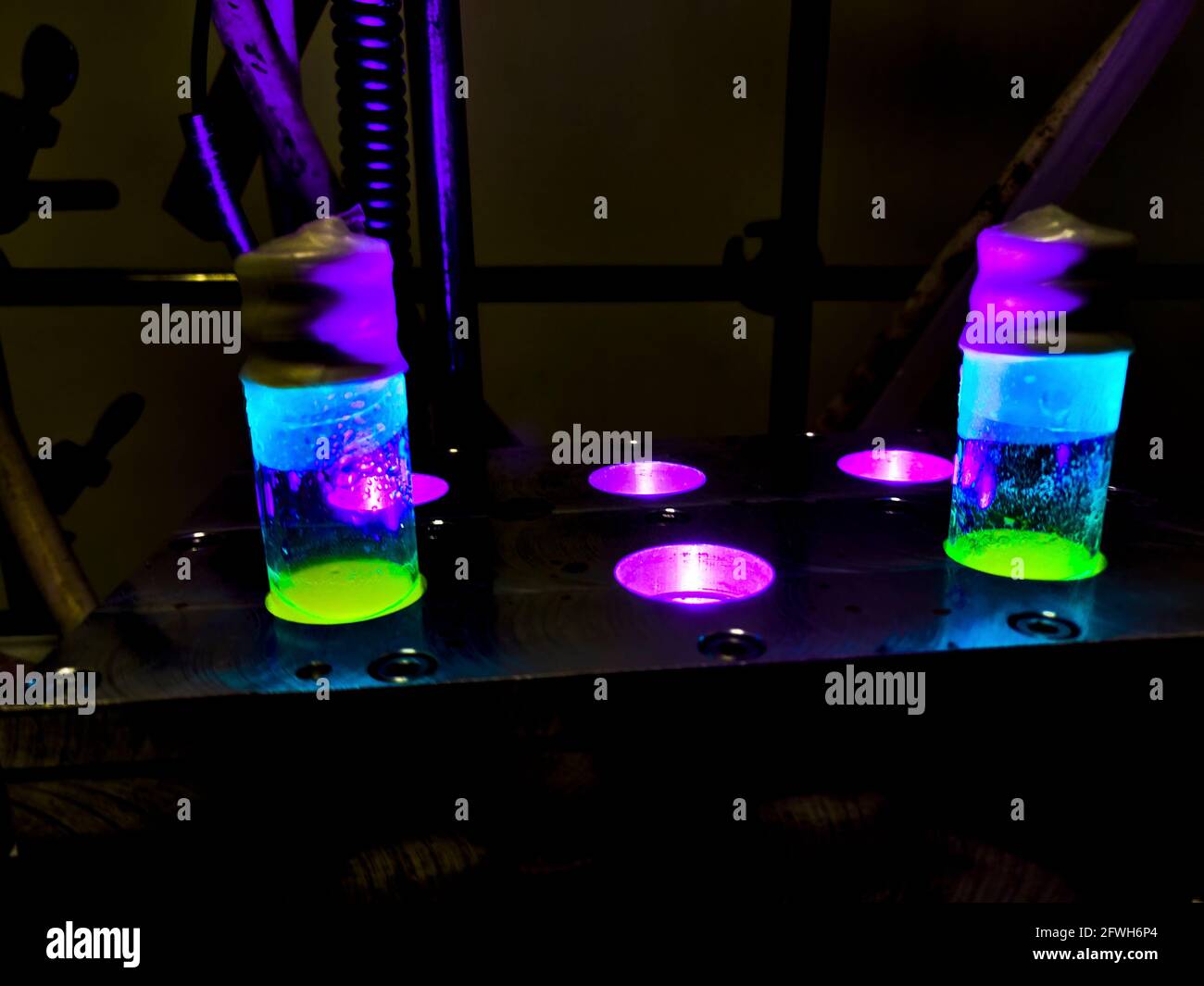 Coloré Organic photo-construction dans des flacons en verre sous bloc métallique condition de refroidissement sous lumière bleue pour la chimie verte et fonctionnelle groupe t Banque D'Images