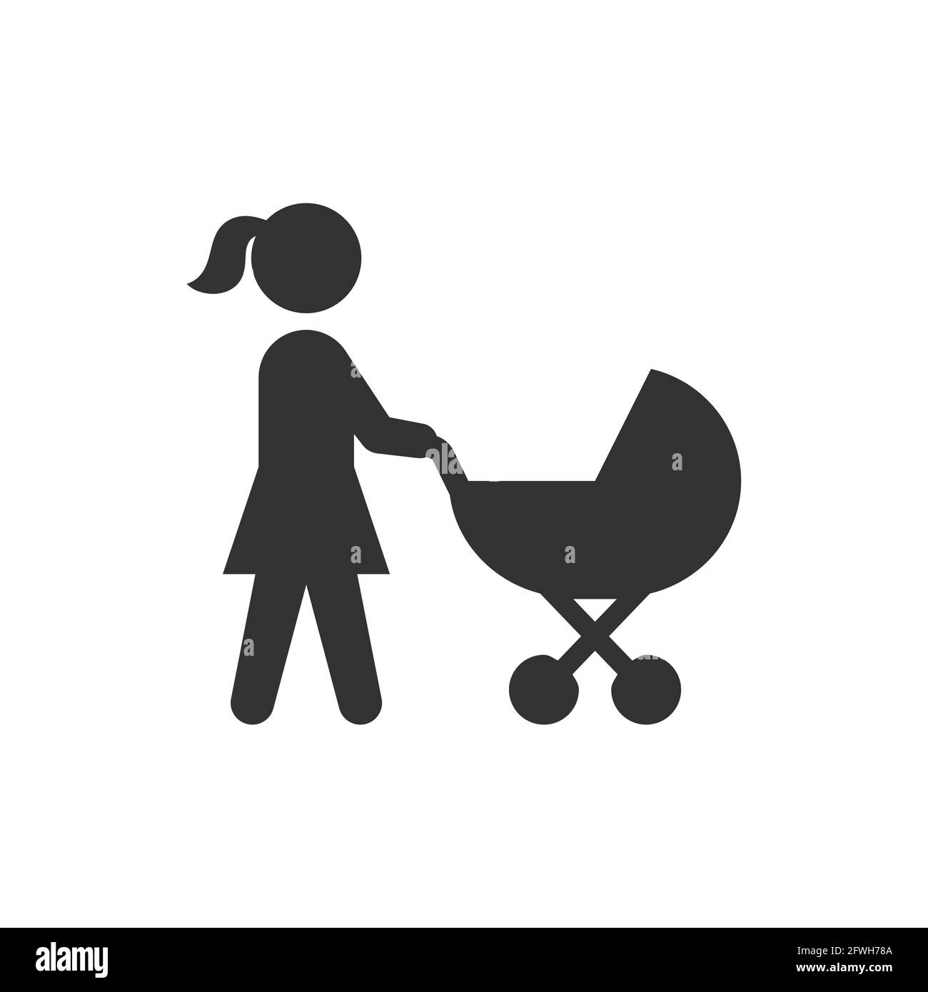 Icône vecteur noir poussette mère et bébé. Femme poussant le symbole de pram. Illustration de Vecteur