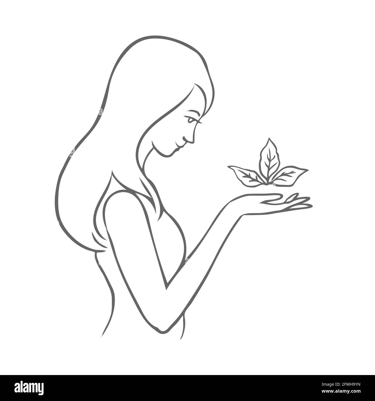 La fille tient un sprout dans ses mains. Le concept de protection de l'environnement. Esquisse vectorielle illustration noire et blanche Illustration de Vecteur
