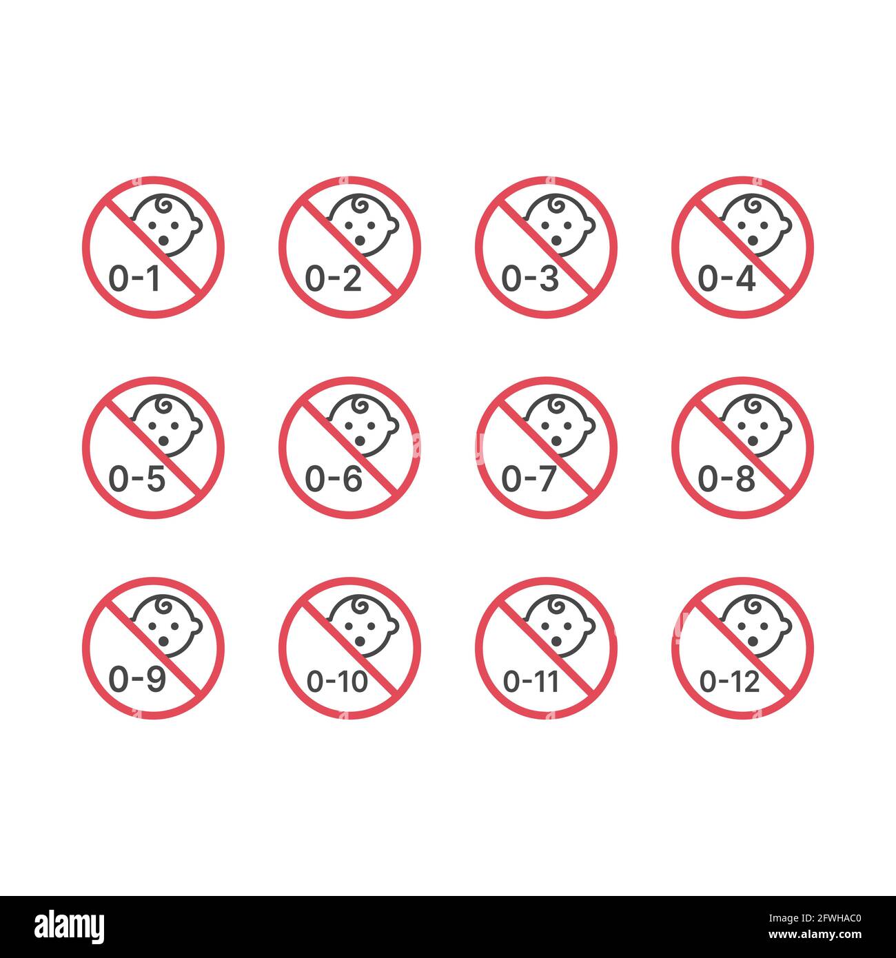 Aucune icône de vecteur d'interdiction de bébé définie. Symboles mois pour les produits pour bébés. Illustration de Vecteur