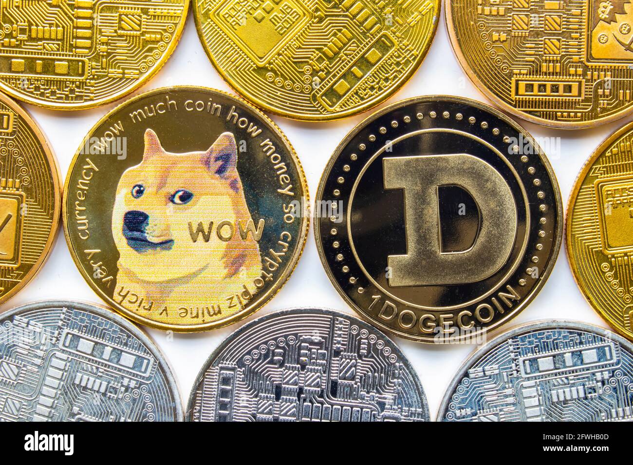 Calgary, Alberta, Canada. 22 mai 2021. Un couple de Dogecoin avec plusieurs pièces de monnaie crypto autour. Banque D'Images