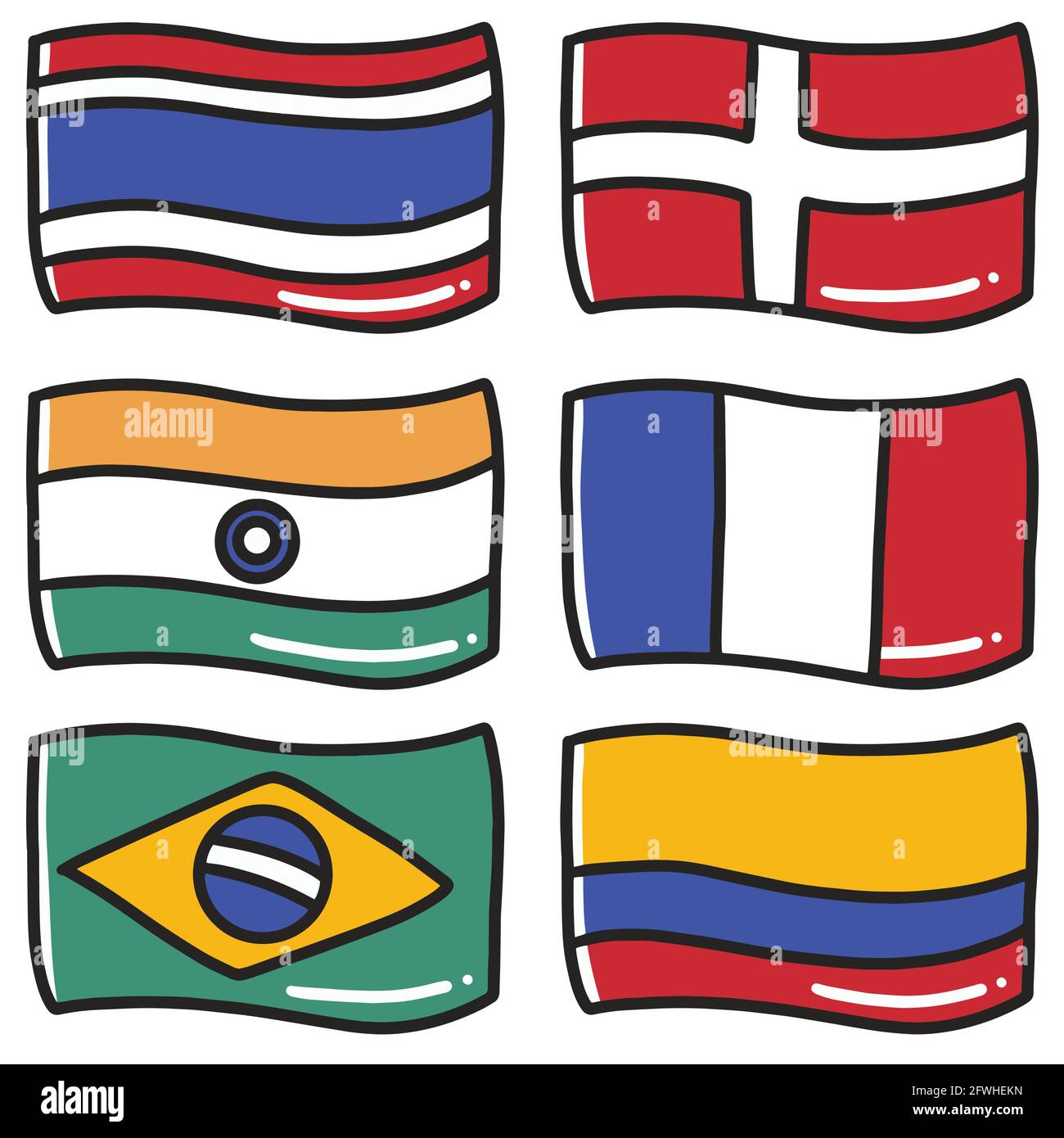 illustration des drapeaux de six pays du monde tiré à la main doodle art et design Illustration de Vecteur