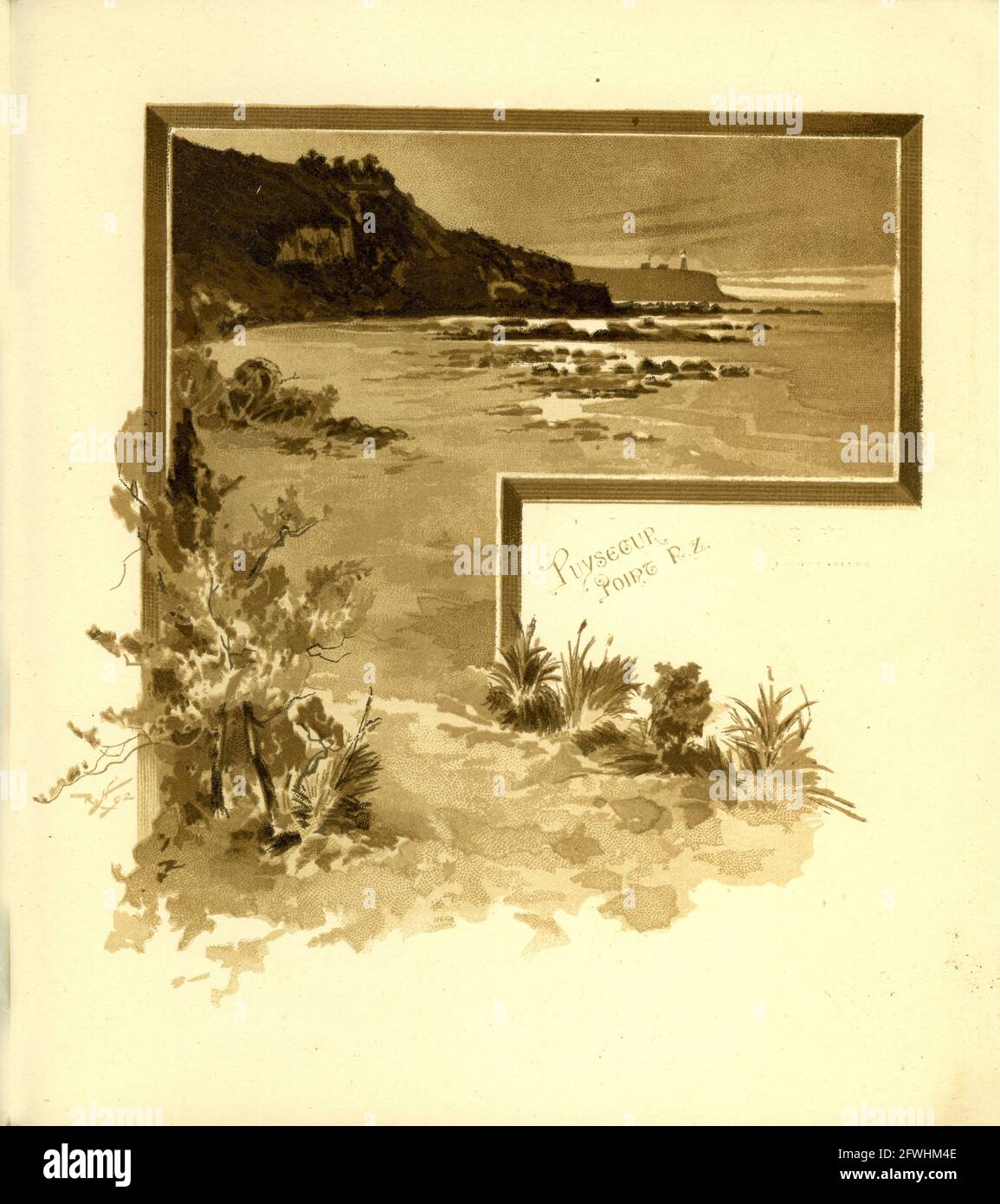 Peinture ancienne de Puysegur point, Fiordland, Nouvelle-Zélande, avec le phare en arrière-plan à l'horizon, d'une publication touristique en 1894 Banque D'Images