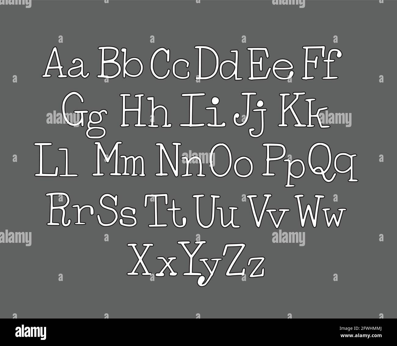Police de type machine à écrire. Dessin à la main avec des lettres minuscules et majuscules très fines. Blanc avec trait noir Illustration de Vecteur