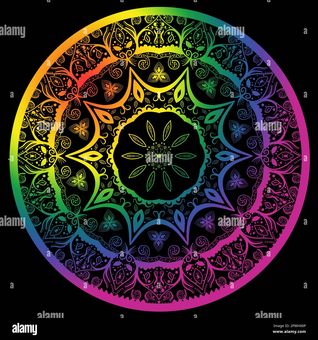 Motif mandala dessiné à la main avec couleurs de fierté arc-en-ciel sur fond noir. Idéal pour les festivals, les papiers peints et les PC de bureau. Banque D'Images