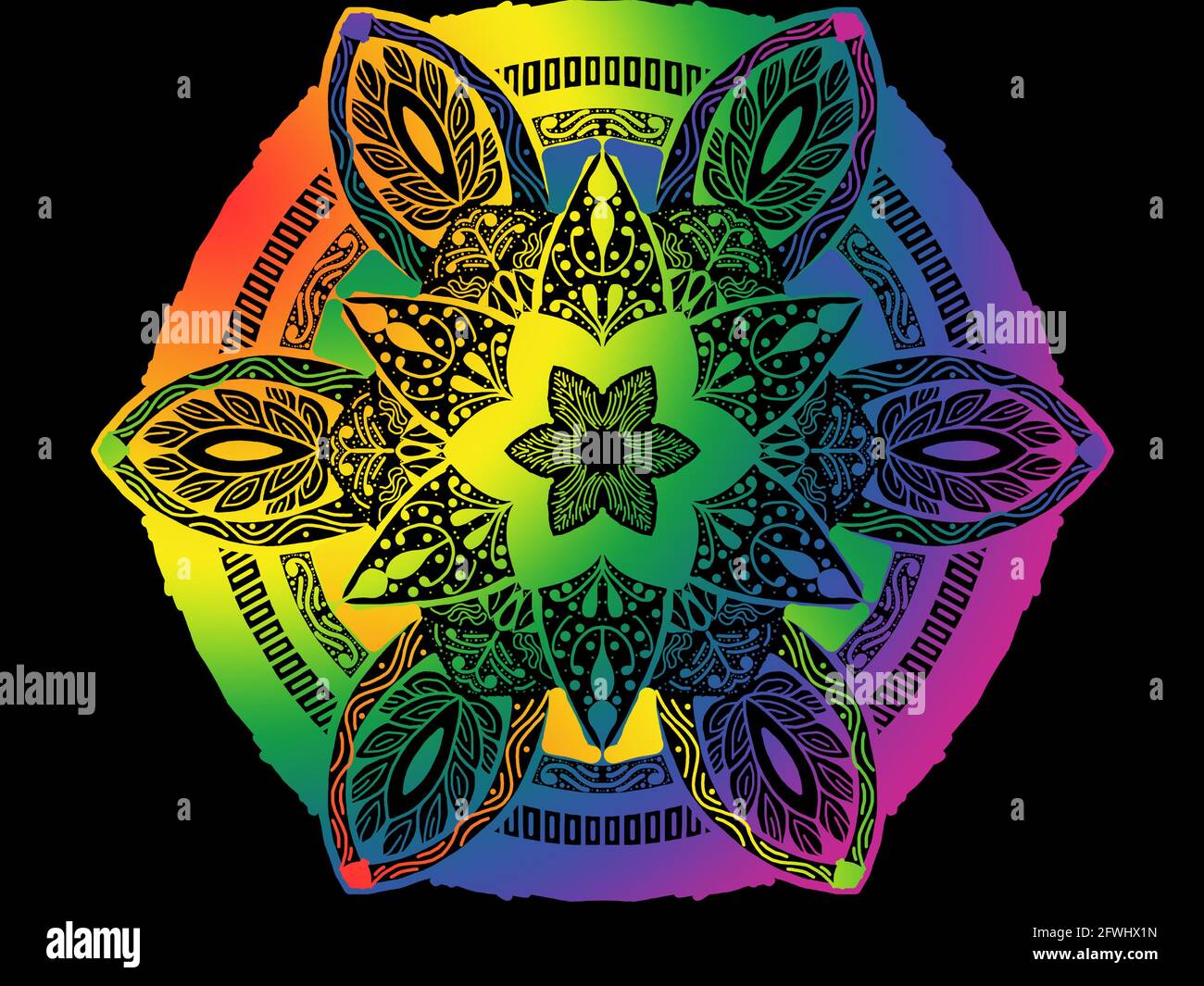 Mandala dessiné à la main avec des couleurs arc-en-ciel pour la fierté gay avec fond noir et thème lumineux. Banque D'Images