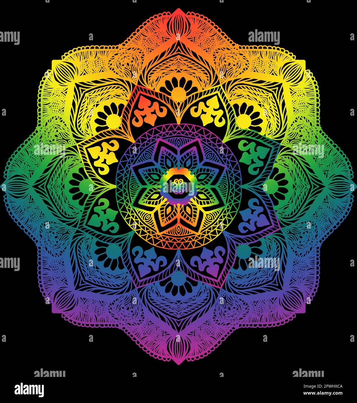 Mandala dessiné à la main avec des couleurs arc-en-ciel pour la fierté gay avec fond noir et thème lumineux. Banque D'Images