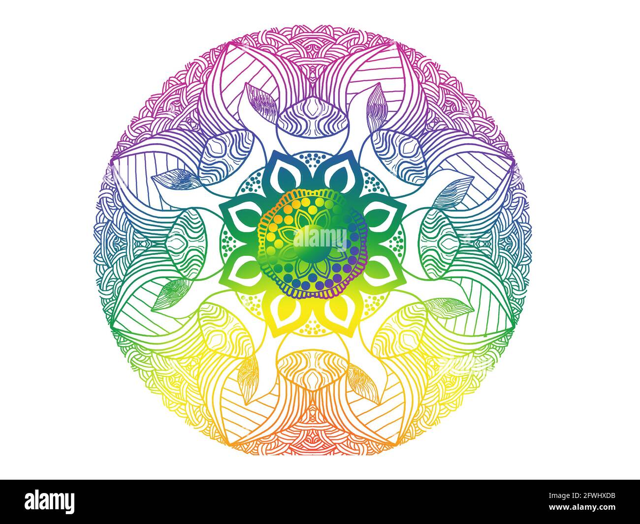 Motif mandala dessiné à la main avec couleurs de fierté arc-en-ciel sur fond blanc. Idéal pour les festivals, les papiers peints et les PC de bureau. Banque D'Images