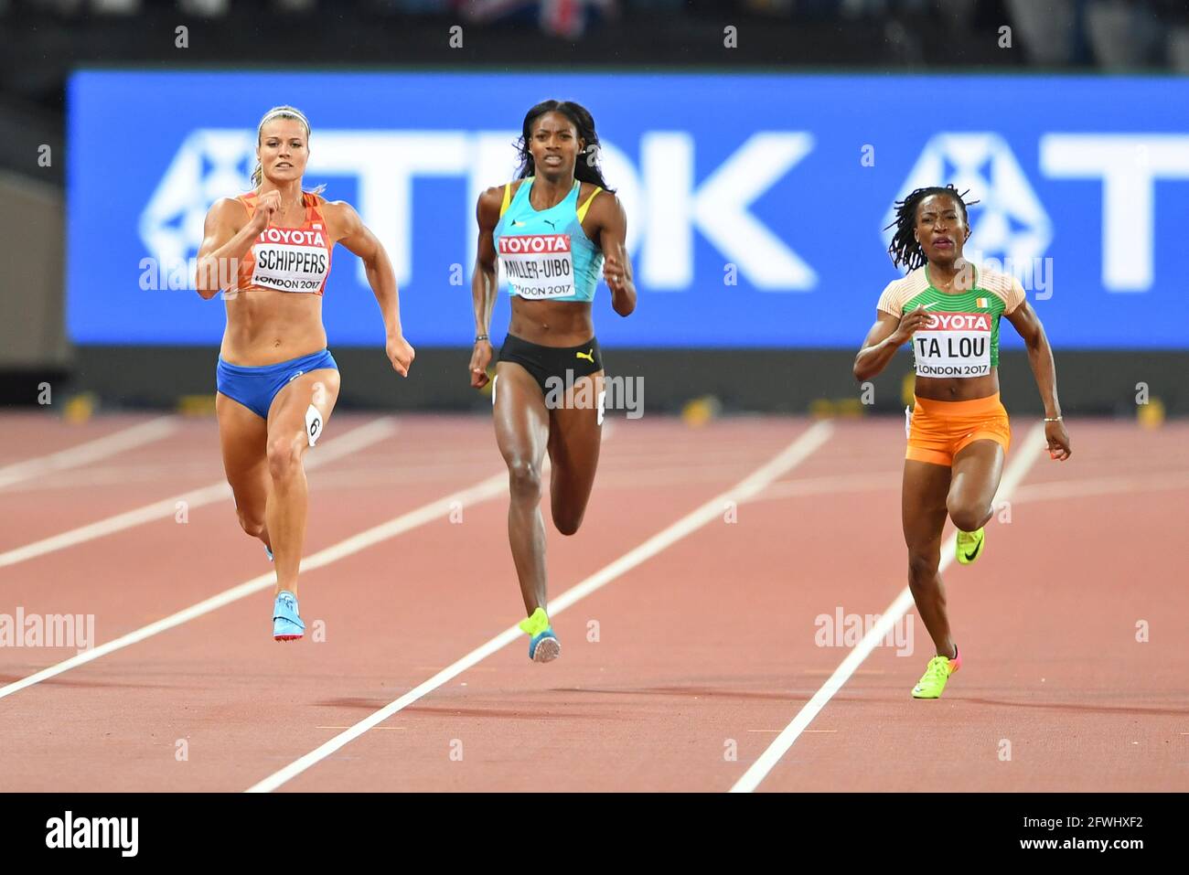 Dafne Schippers (NED, Or), Marie-Josée Ta Lou (CIV, argent), Shaunae Miller-Uibo (BAH, Bronze). 200 femmes . Championnats du monde de l'IAAF Londres 2017 Banque D'Images