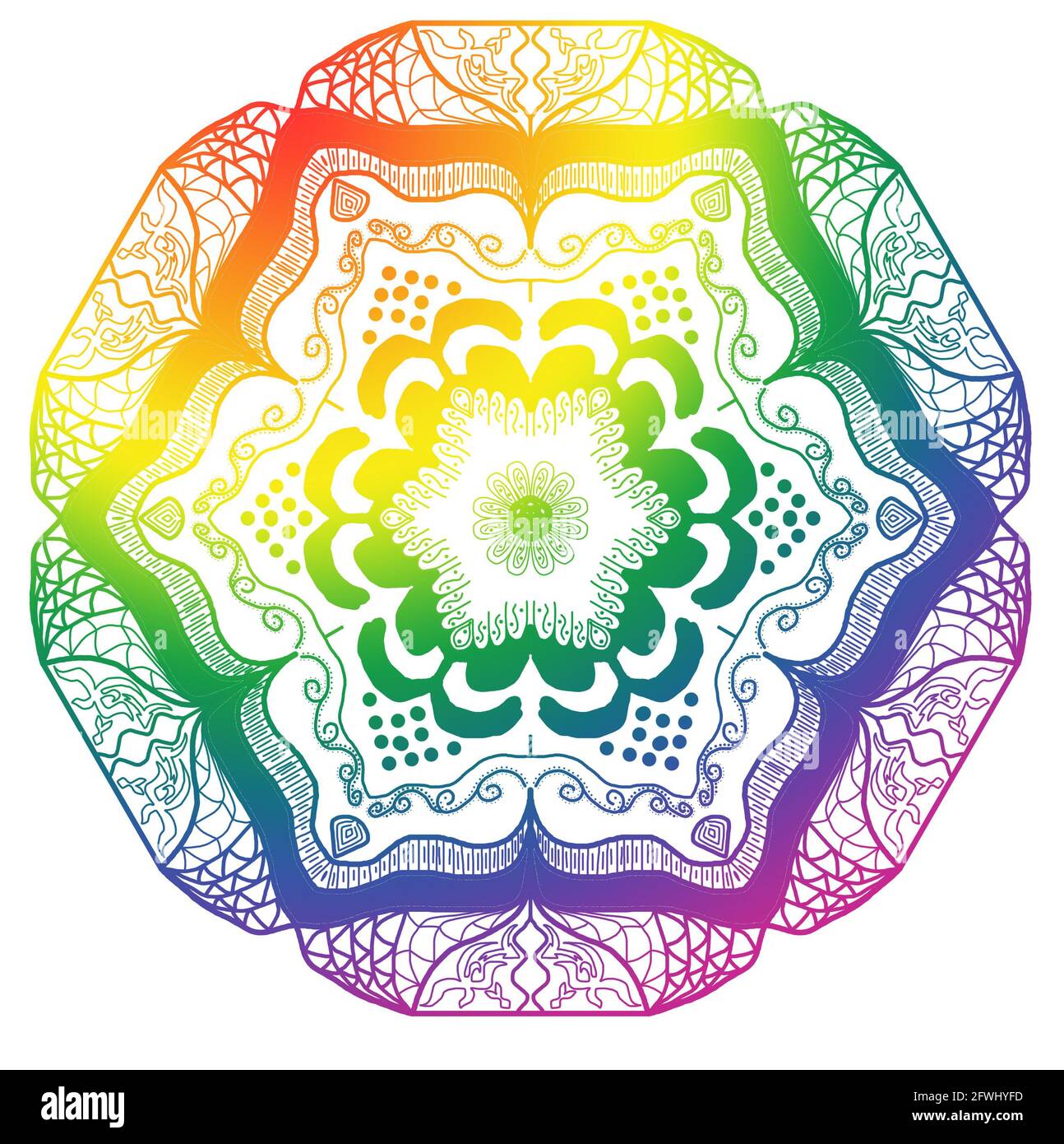 Motif mandala dessiné à la main avec couleurs de fierté arc-en-ciel sur fond blanc. Idéal pour les festivals, les papiers peints et les PC de bureau. Banque D'Images