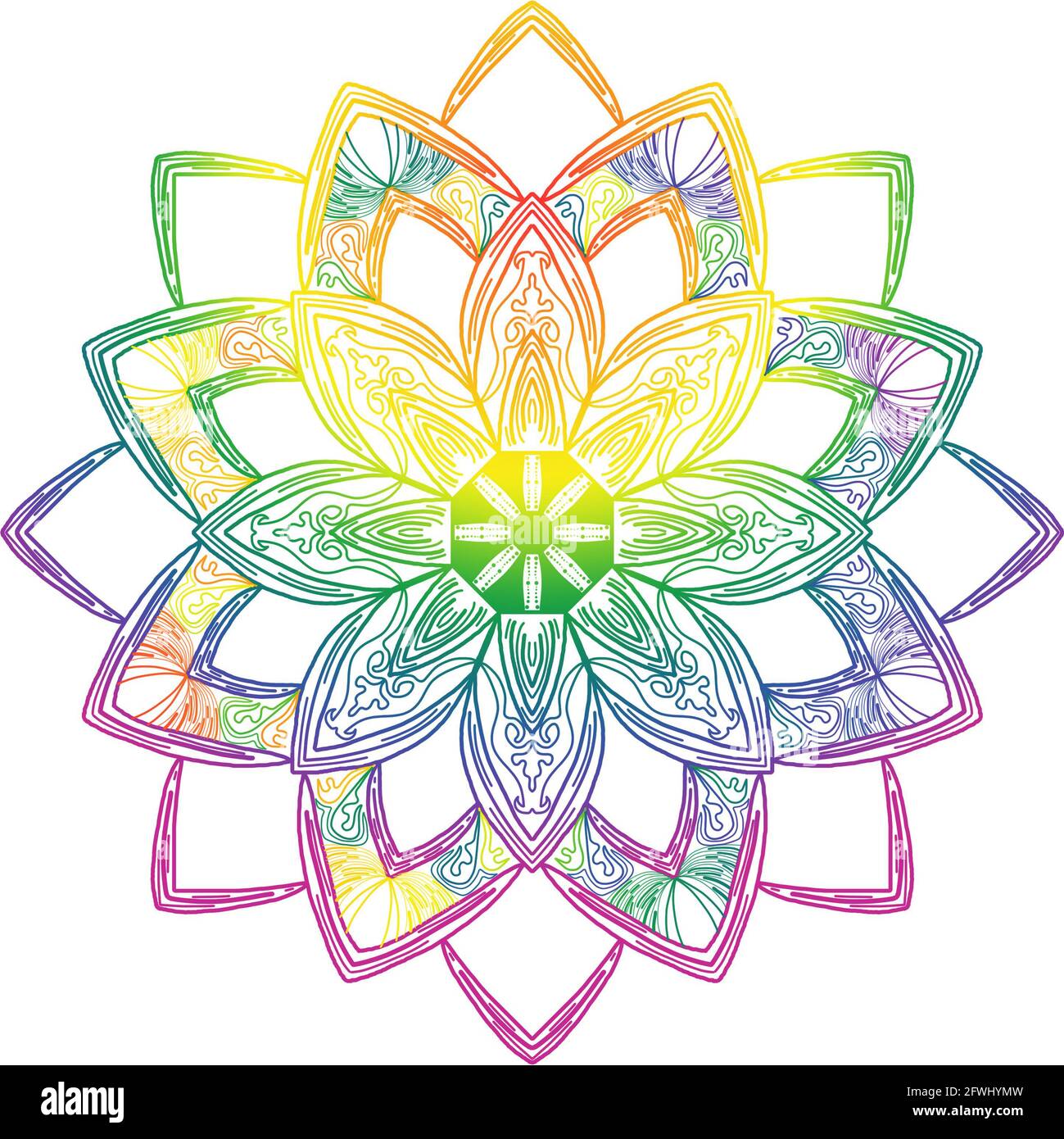 Motif mandala dessiné à la main avec couleurs de fierté arc-en-ciel sur fond blanc. Idéal pour les festivals, les papiers peints et les PC de bureau. Banque D'Images