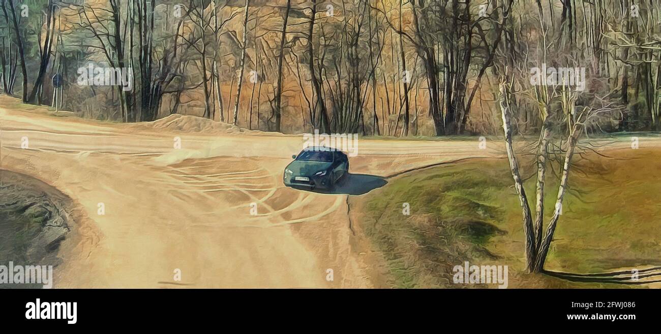 La voiture noire au carrefour. Grande vue panoramique. Travail artistique Banque D'Images