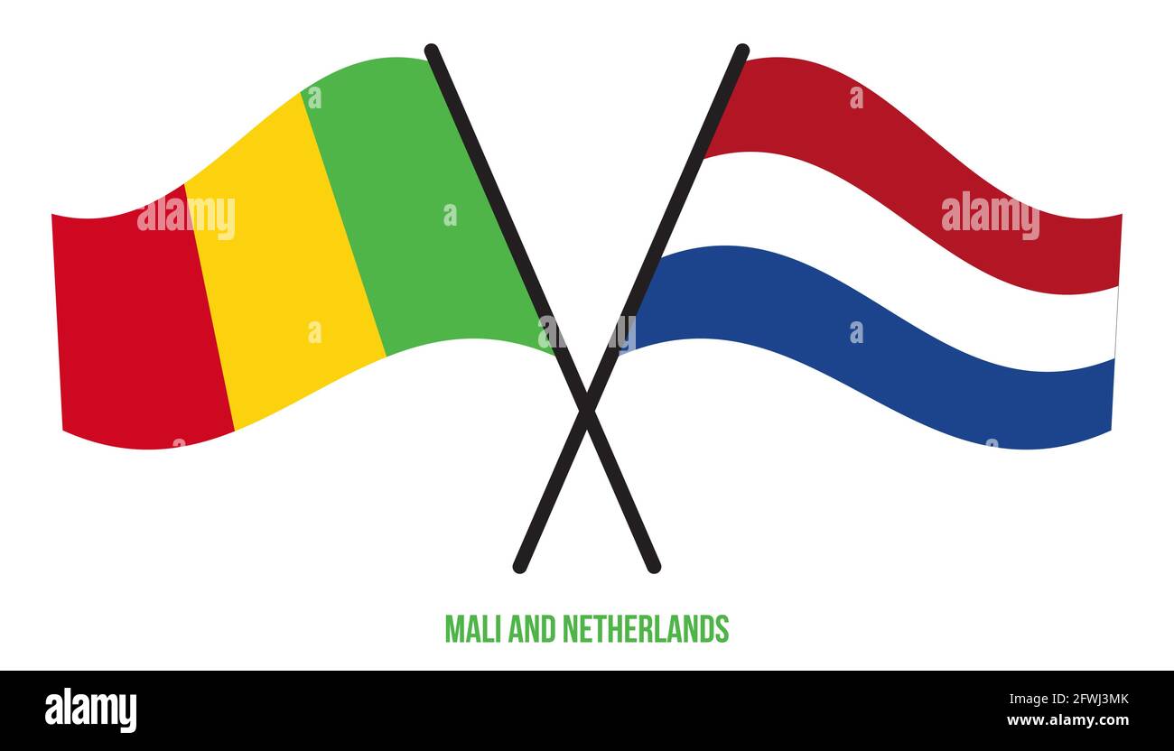 Mali et pays-Bas drapeaux croisés et ondulant le style plat. Proportion officielle. Corriger les couleurs. Illustration de Vecteur