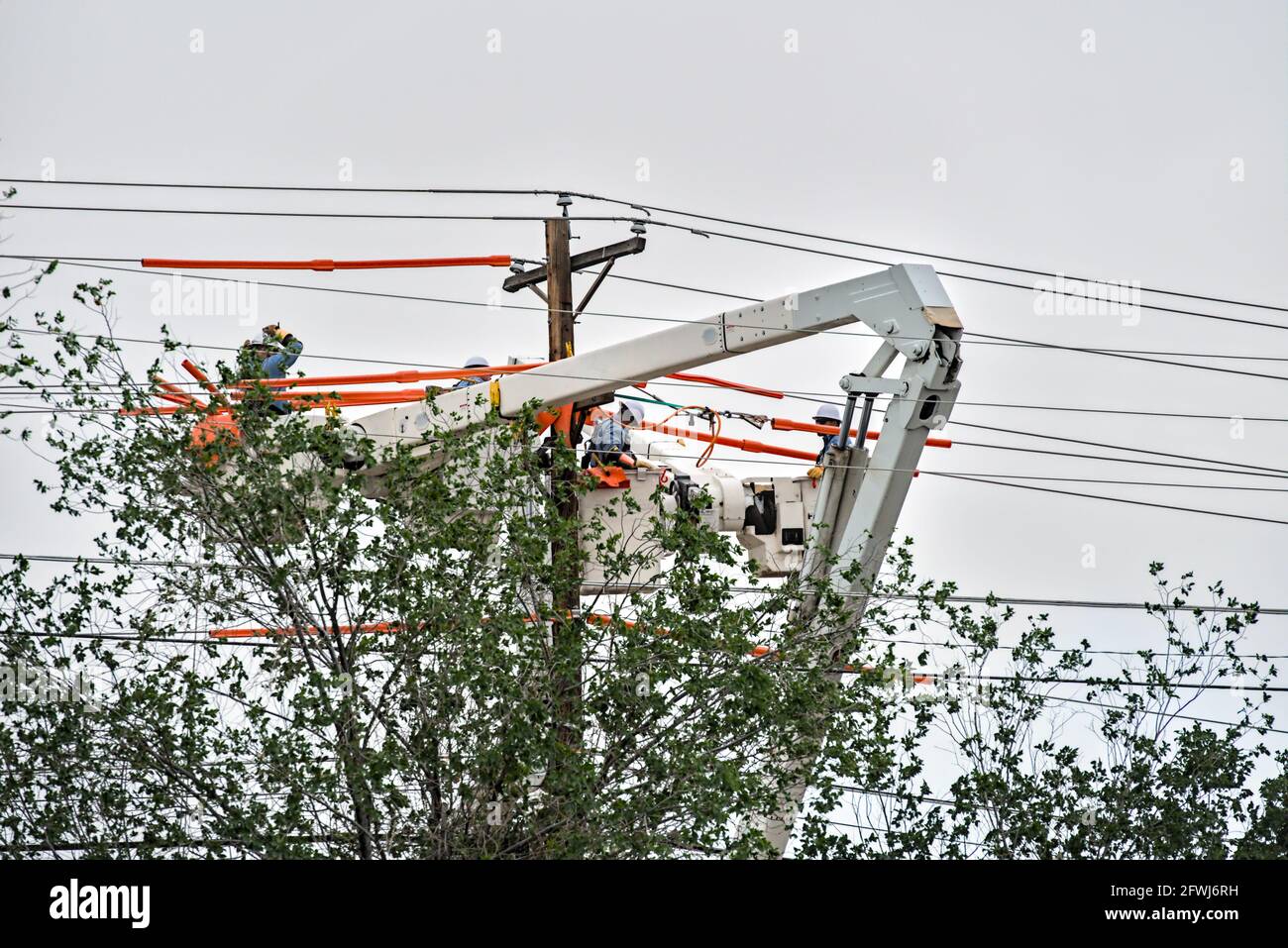 Les électriciens réparent les lignes haute tension du réseau électrique après de fortes tempêtes traversent le sud des États-Unis pour faire sortir le réseau pour les clients. Banque D'Images