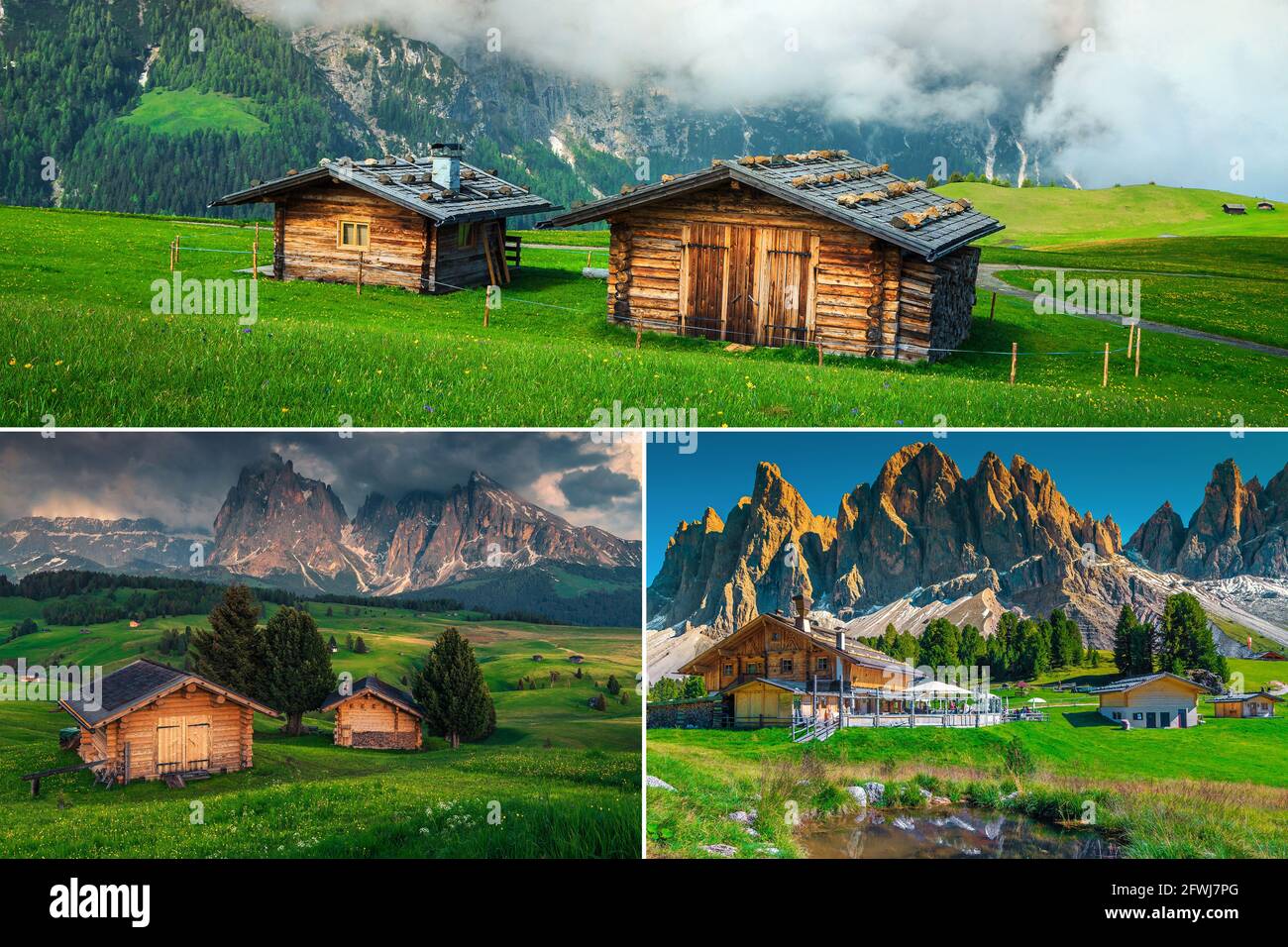 Collage fantastique de chalets en bois dans la nature avec de belles vues et des paysages étonnants, Dolomites, Italie, Europe Banque D'Images