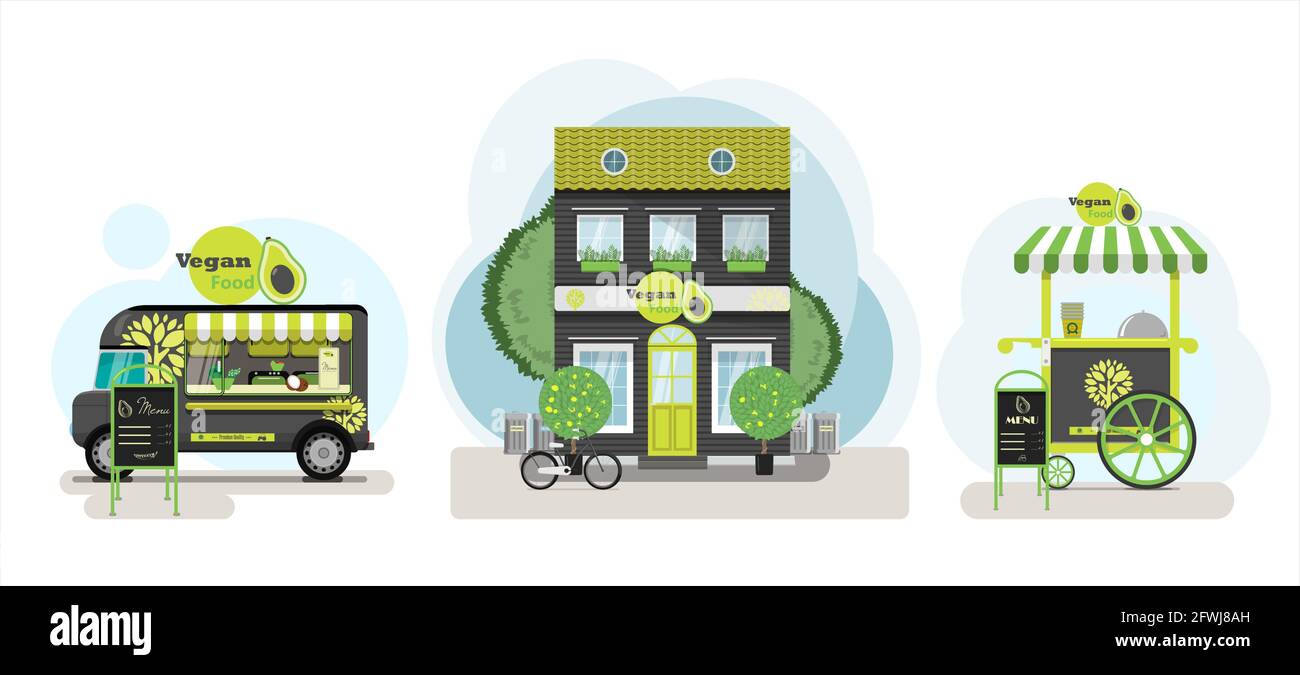 Ensemble de vecteurs vegan. Extérieur du restaurant Vegan. Conception plate de la façade. Camion de rue avec nourriture végétarienne. Illustration d'une rue de ville. En bonne santé Illustration de Vecteur