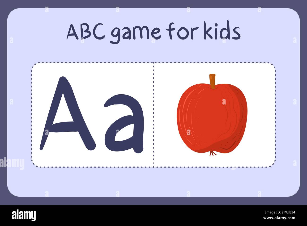 Mini-jeux d'alphabet d'enfant en style de dessin animé avec la lettre A - pomme. Illustration vectorielle pour la conception de jeux - couper et jouer. Apprenez l'abc avec des cartes flash de fruits et légumes. Illustration de Vecteur