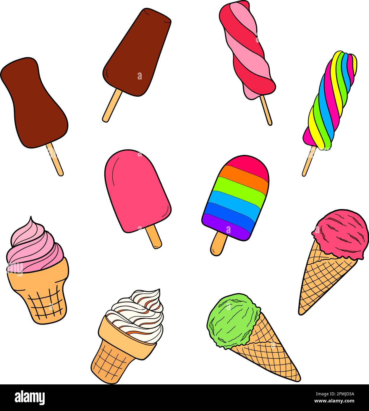 Ensemble de glaces dessinées à la main. Design sketch élément pour menu café, bistrot, restaurant, étiquette et emballage. Illustration colorée isolée vectorielle. Illustration de Vecteur