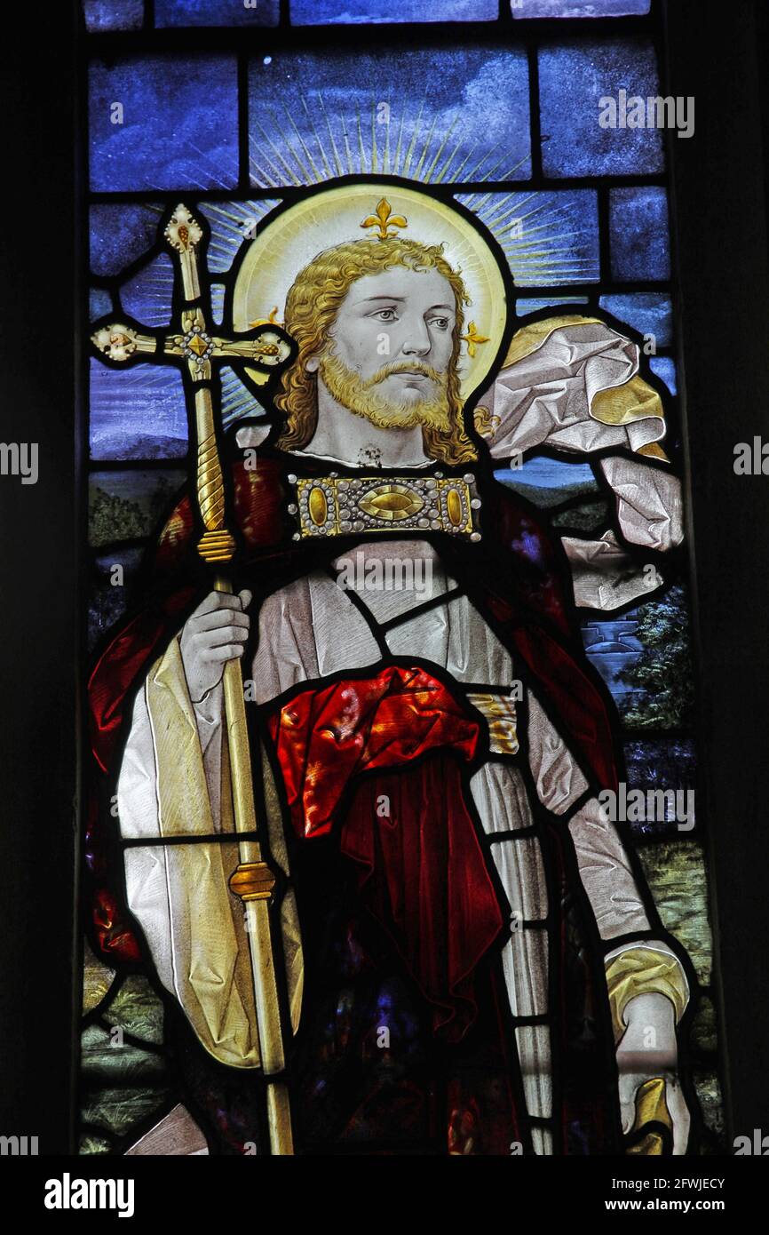 Vitraux de Percy Bacon & Brothers représentant Jésus ressuscité, l'église St Andrew, Leigh, Dorset Banque D'Images
