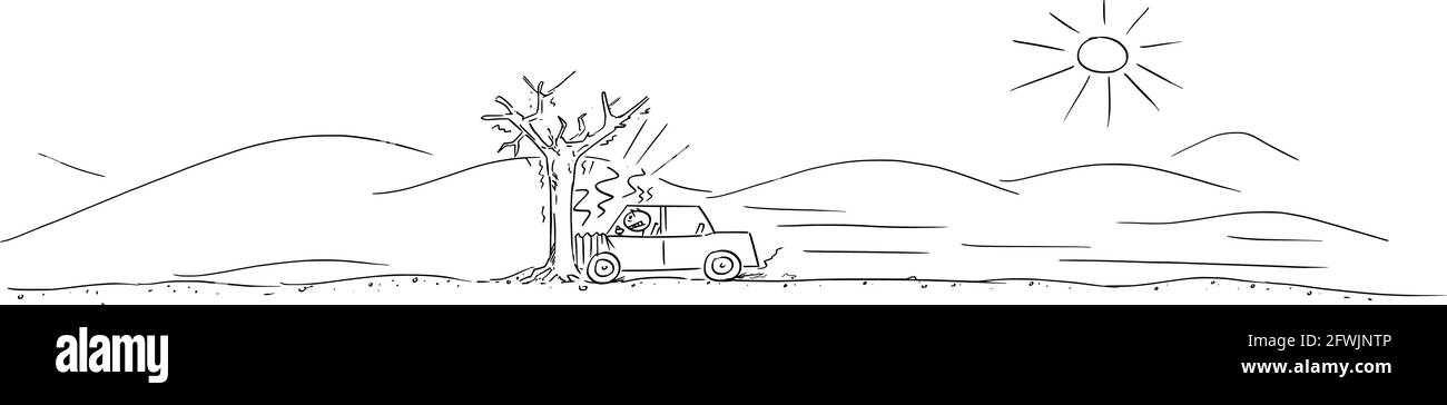 Accident de voiture dans l'arbre, le conducteur frappe le seul arbre dans le désert vide, le bâton de dessin vectoriel Illustration Illustration de Vecteur