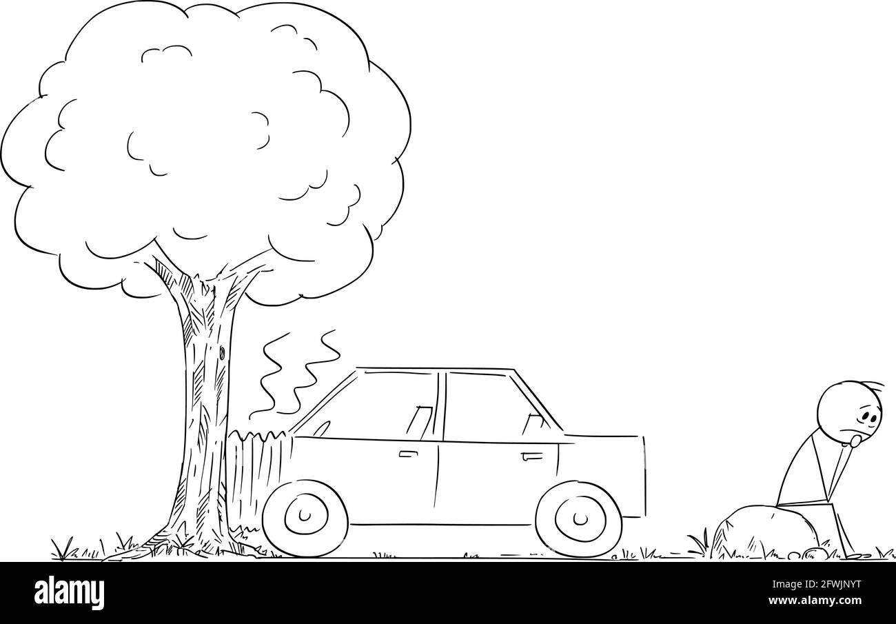 Accident de voiture dans l'arbre, frustré et enfoncé le conducteur attend de l'aide, Illustration de la figure du bâton de dessin vectoriel Illustration de Vecteur