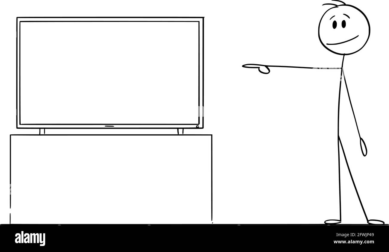 La personne pointe vers un téléviseur ou une télévision vide, montre ou marketing quelque chose, Illustration de la figure de bâton de dessin vectoriel Illustration de Vecteur