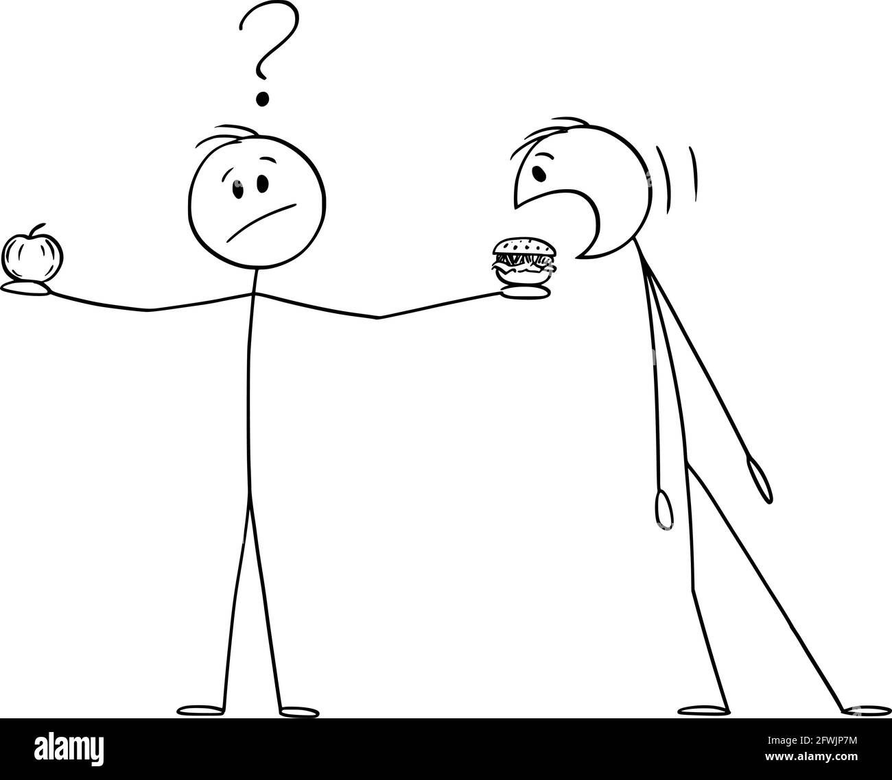 La personne tient des fruits de pomme et Burger ou Hamburger, penser à manger sain et style de vie, Vector Cartoon Stick Illustration Illustration de Vecteur