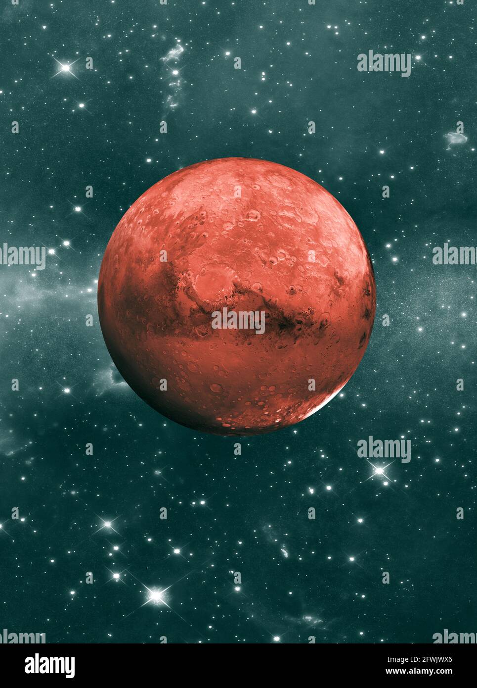 Planète rouge au centre en face de la carte des étoiles - illustration 3d Banque D'Images