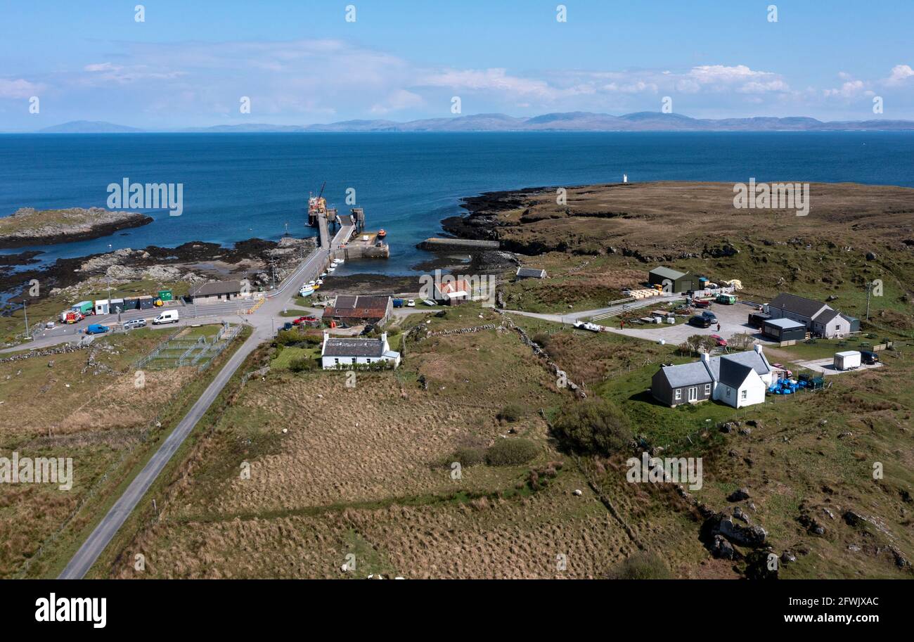 Vue aérienne de Scalasaug, île de Colonsay, Hébrides intérieures, Écosse. Banque D'Images