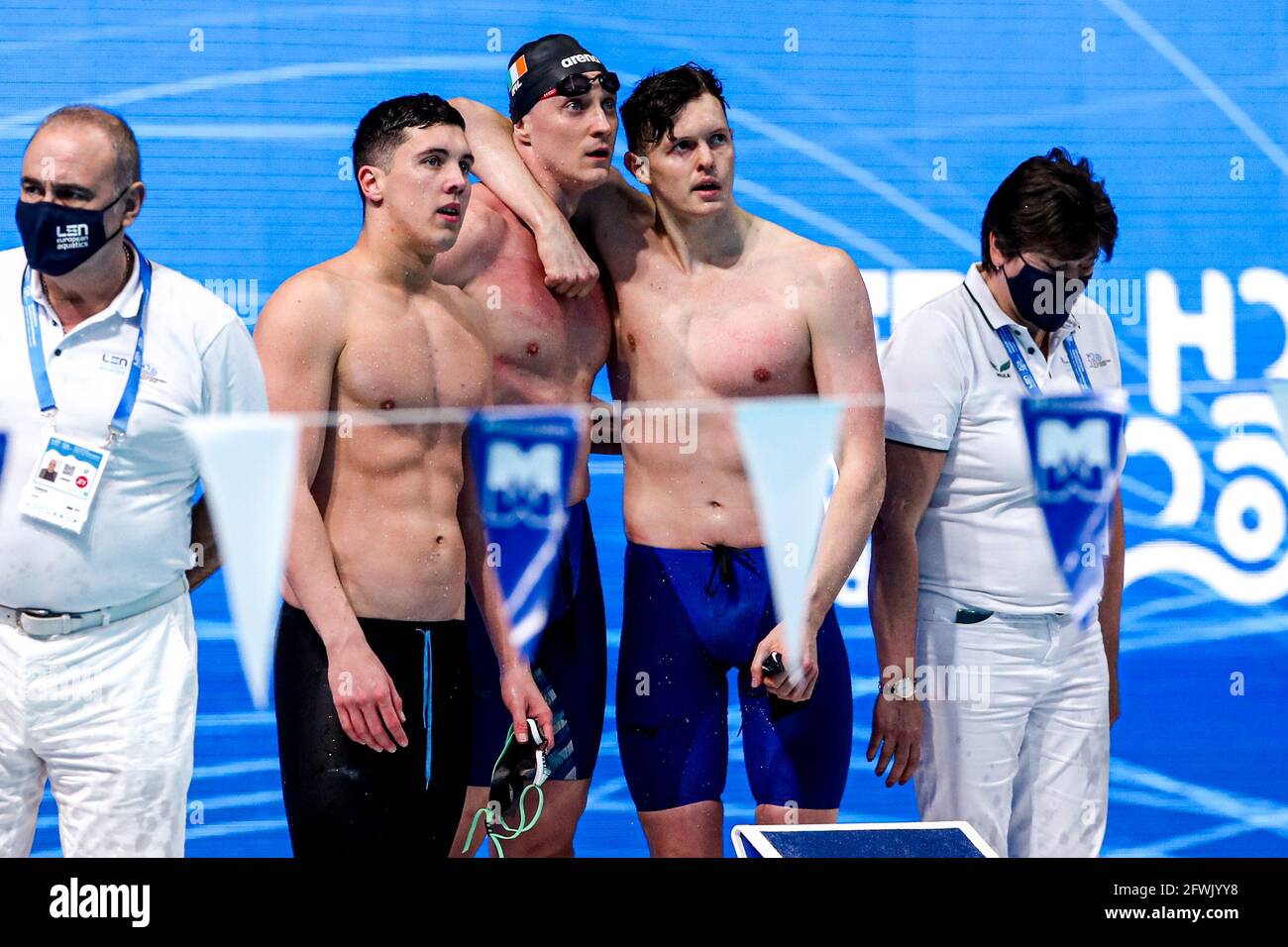 Budapest, Hongrie. 23 mai 2021. BUDAPEST, HONGRIE - MAI 23: Darragh Greene d'Irlande, Shane Ryan d'Irlande, Brendan Hyland d'Irlande en compétition aux hommes 4 x 100m Medley préliminaire pendant les championnats européens LEN natation à Duna Arena le 23 mai 2021 à Budapest, Hongrie (photo de Marcel ter Bals/Orange Pictures) crédit: Orange pics BV/Alay Live News crédit: Orange pics BV/Alay Live News Banque D'Images