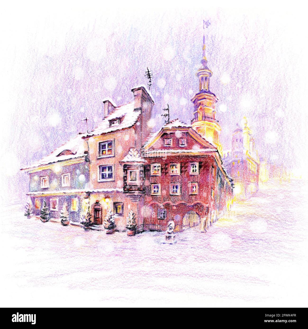 Crayons de couleur coplée croquis de Noël neigeux place du vieux marché à Poznan, Pologne Banque D'Images