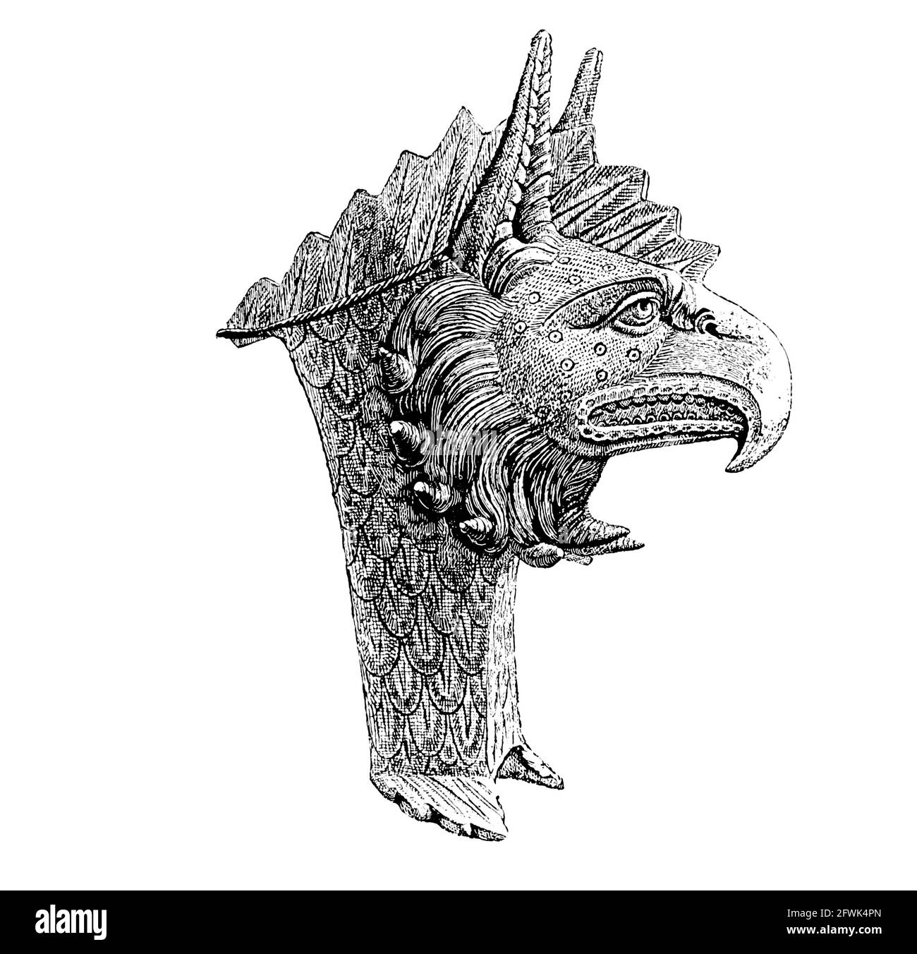 La tête de Griffon, ornement appartenant au casque de bronze. Du livre « The viking Age: The Early History, Manners, and Customs of the ancêtres of the English Speaking nations » par du Chaillu, (Paul Belloni), 1835-1903 Date de publication 1889 par les fils de C. Scribner à New York, Banque D'Images