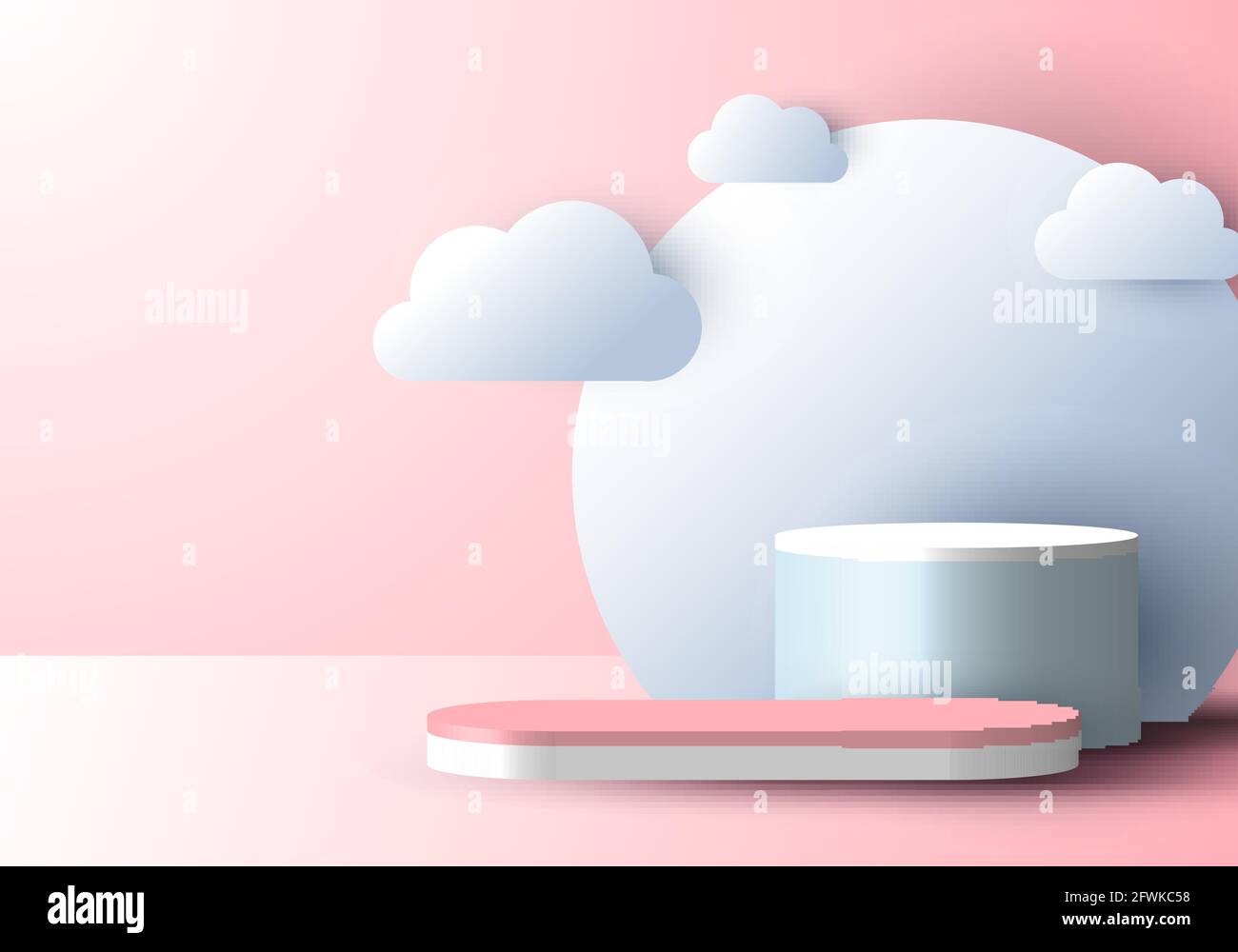3D réaliste résumé scène minimale vide podium affichage avec style de coupe de papier de nuage sur fond rose doux. Conception pour la présentation des produits, la maquette, Illustration de Vecteur