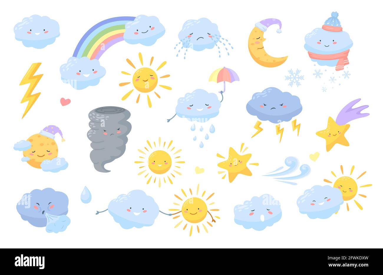 Beau temps. Personnages de la météo animés avec des visages heureux. Nuages, foudre, arc-en-ciel, soleil, lune, étoile. Icônes de vecteur météorologique kawaii. Crier le nuage, tenant le parapluie pour la prévision Illustration de Vecteur
