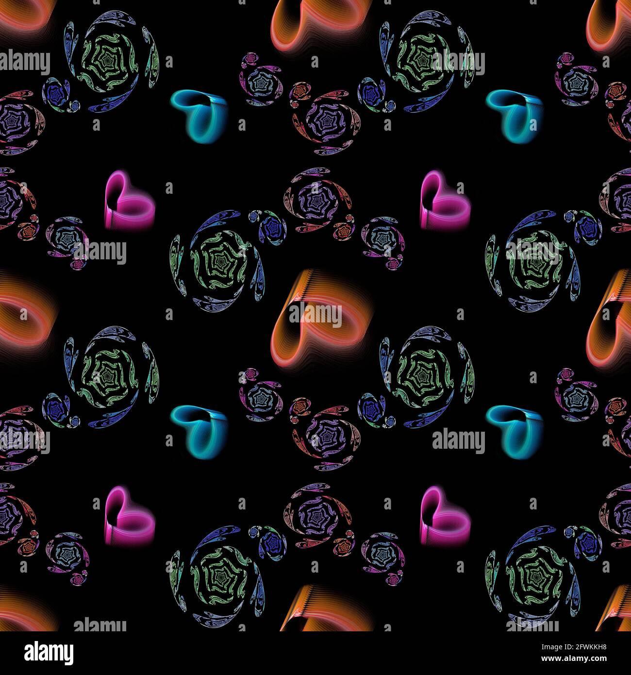 Conception sans couture fractale, fleurs abstraites arc-en-ciel et coeurs sur fond noir Banque D'Images