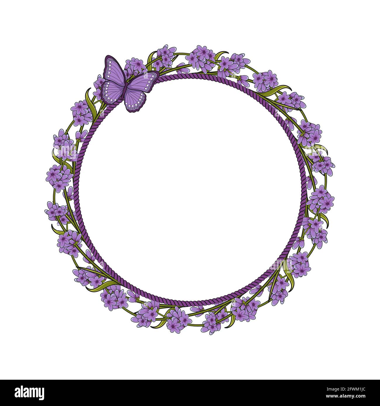 Cadre rond avec fleurs de lavande et papillon. Illustration de Vecteur