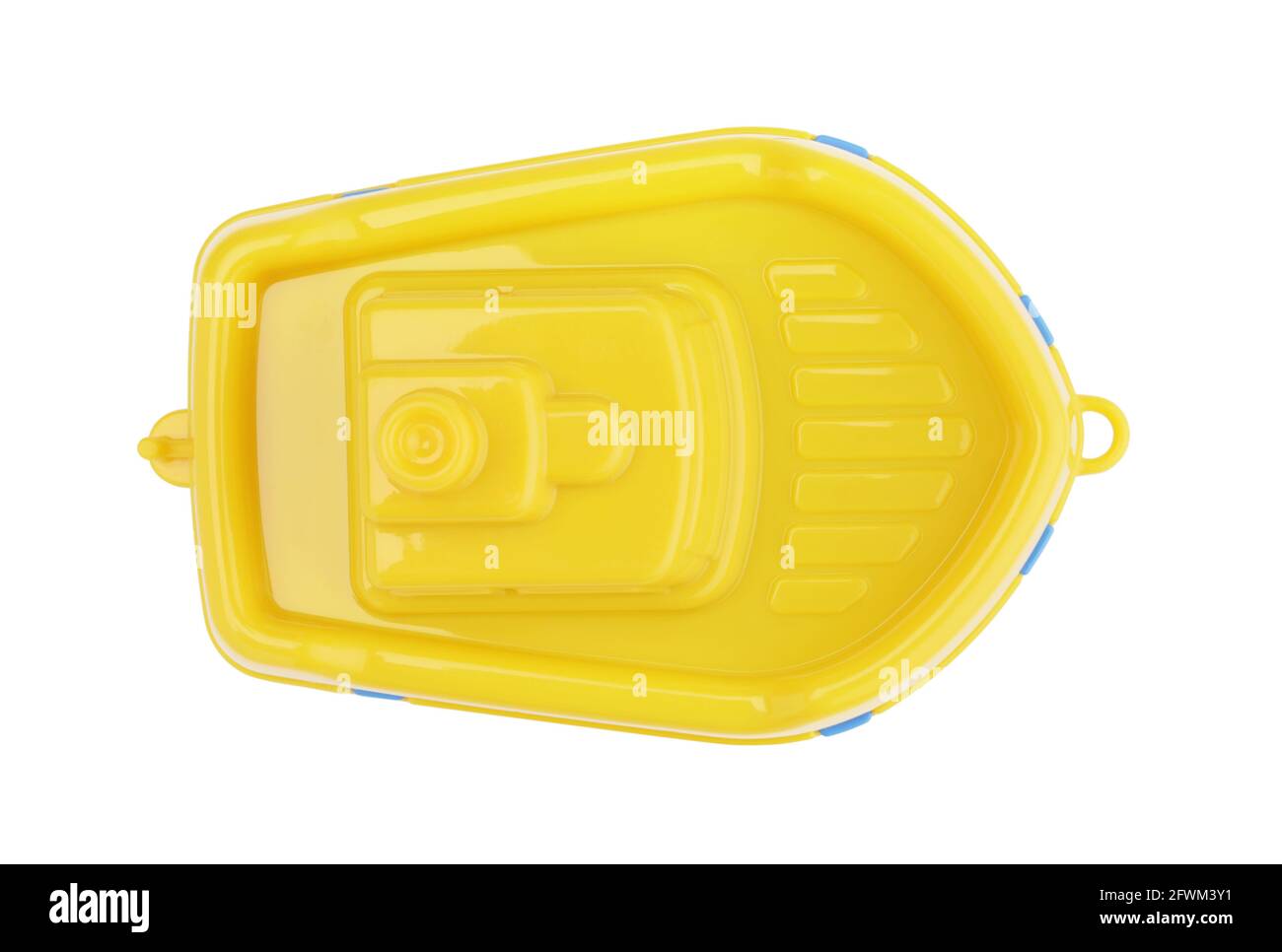Jouet jaune en plastique navire isolé sur blanc. Vue de dessus. Banque D'Images