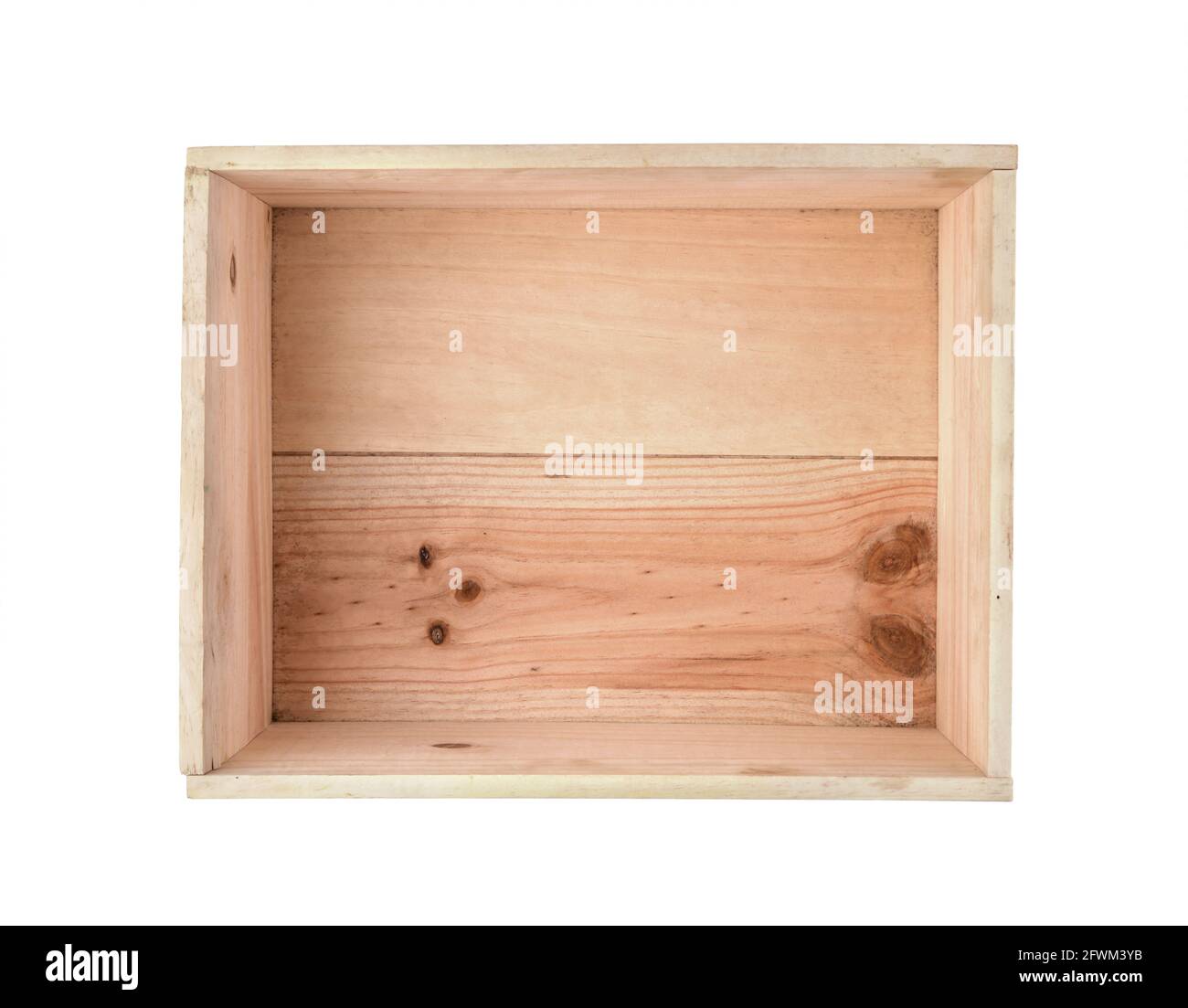 Ancienne boîte rectangulaire en bois isolée sur blanc. Vue de dessus. Banque D'Images