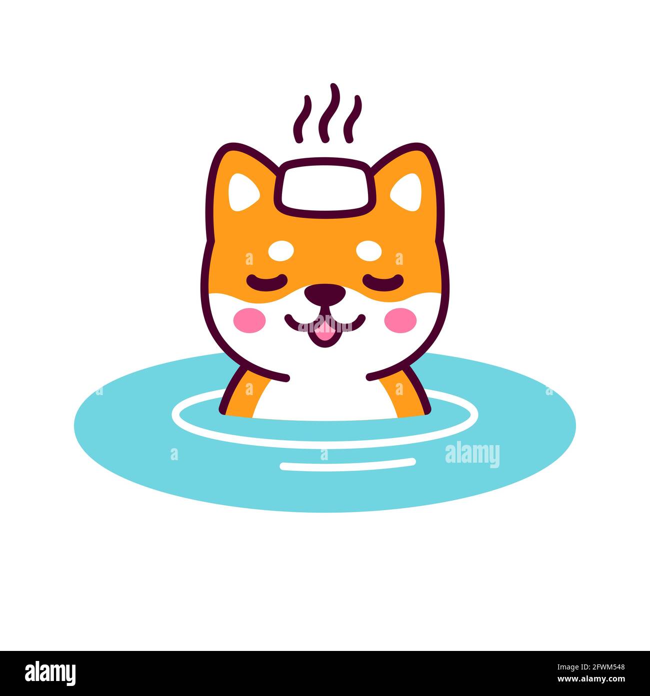 Mignon dessin animé Shiba Inu dans le japonais Onsen source chaude avec serviette vapeur sur la tête. Dessin de chien kawaii, illustration vectorielle amusante. Illustration de Vecteur