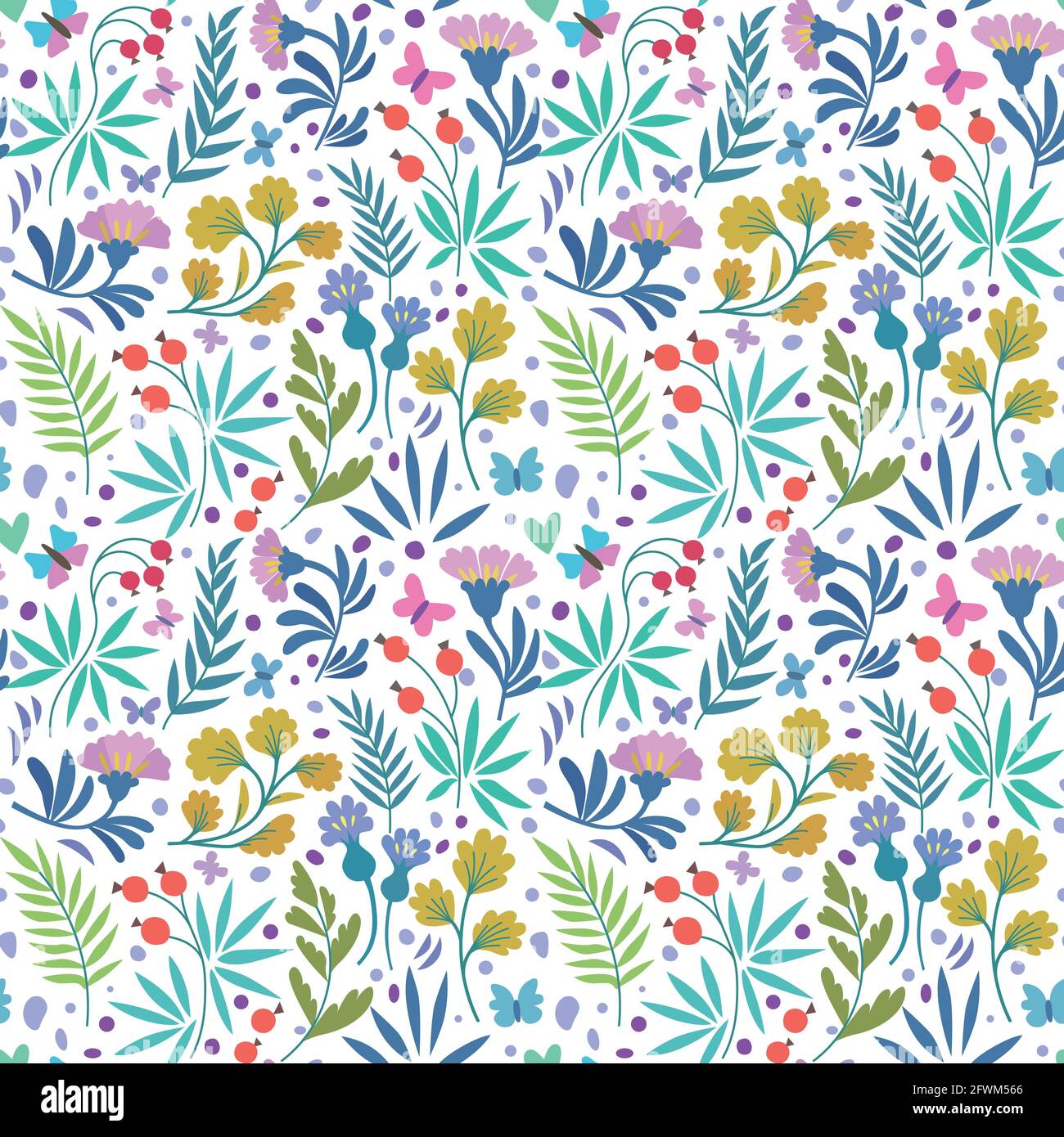 Motifs vectoriels sans couture avec de jolies fleurs, papillons et feuilles dans un style de doodle tendance minimaliste. Illustration de Vecteur