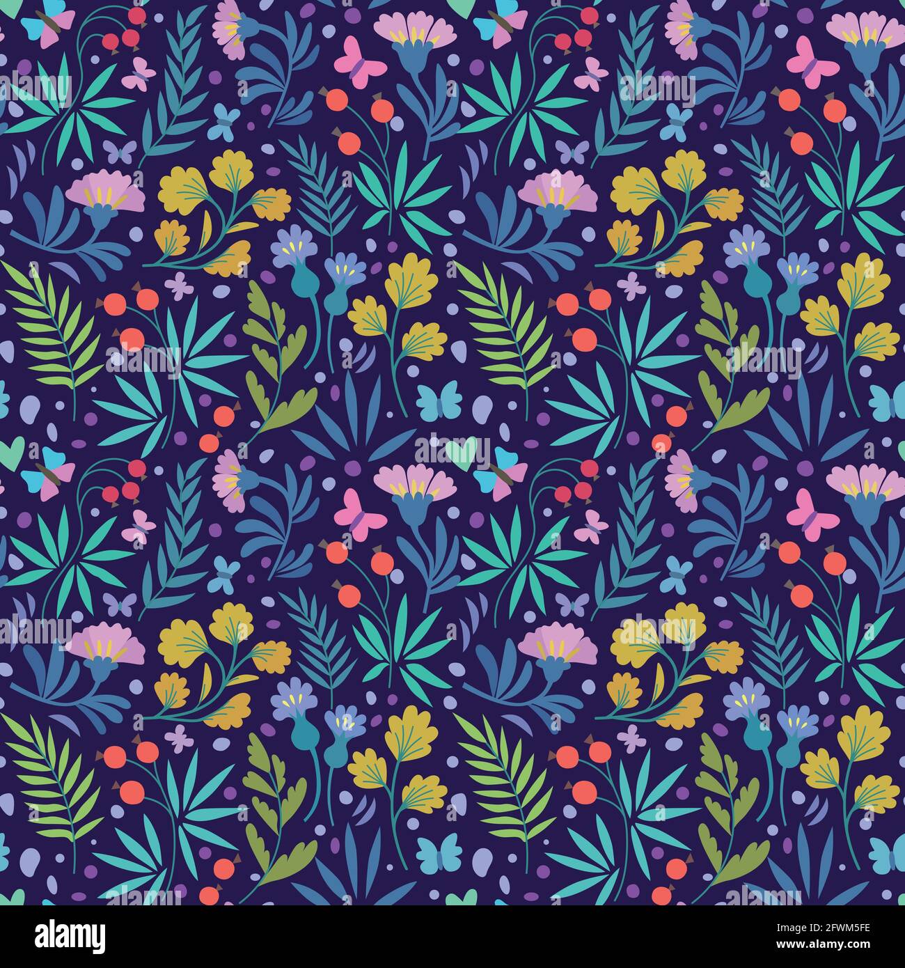 Motifs vectoriels sans couture avec de jolies fleurs, papillons et feuilles dans un style de doodle tendance minimaliste. Illustration de Vecteur