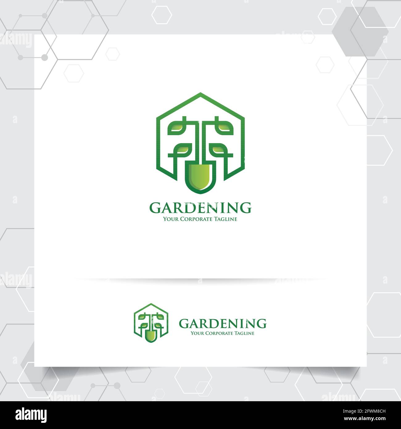 Design de logo d'agriculture avec concept d'outils de jardinage icône et feuilles vecteur. Logo vert utilisé pour les systèmes agricoles, les agriculteurs et la plantatio Illustration de Vecteur