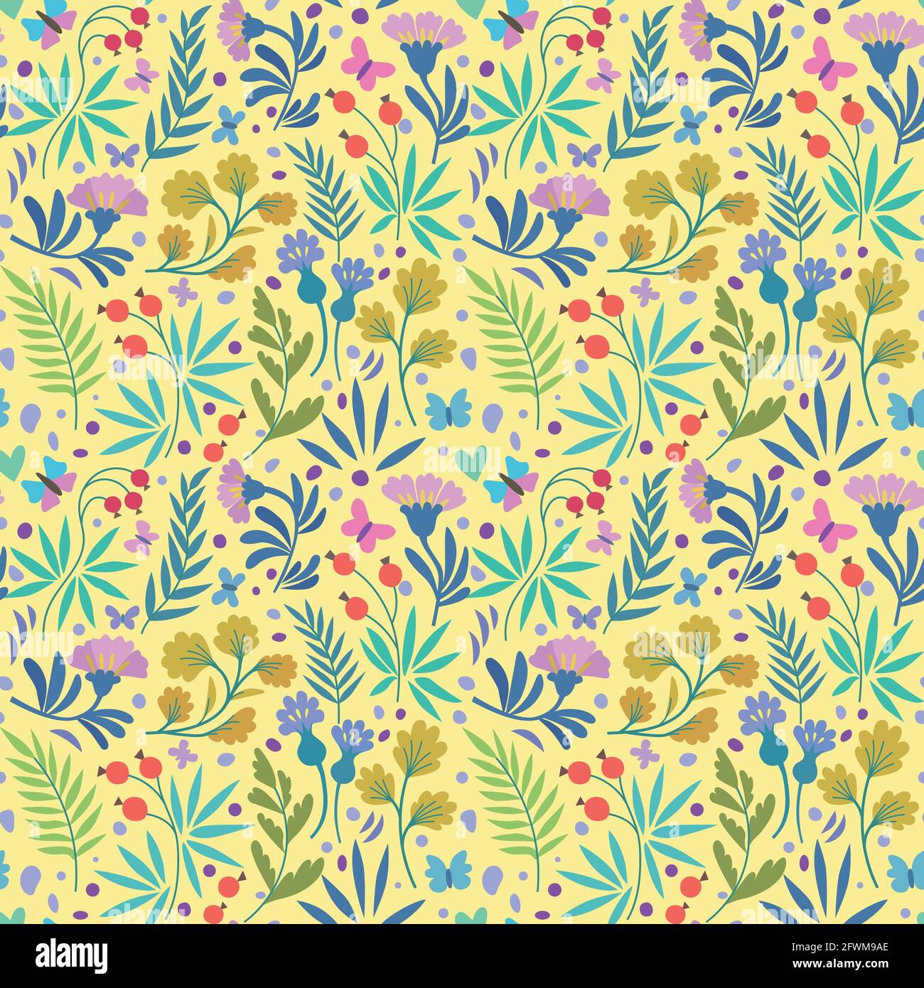 Motifs vectoriels sans couture avec de jolies fleurs, papillons et feuilles dans un style de doodle tendance minimaliste. Illustration de Vecteur