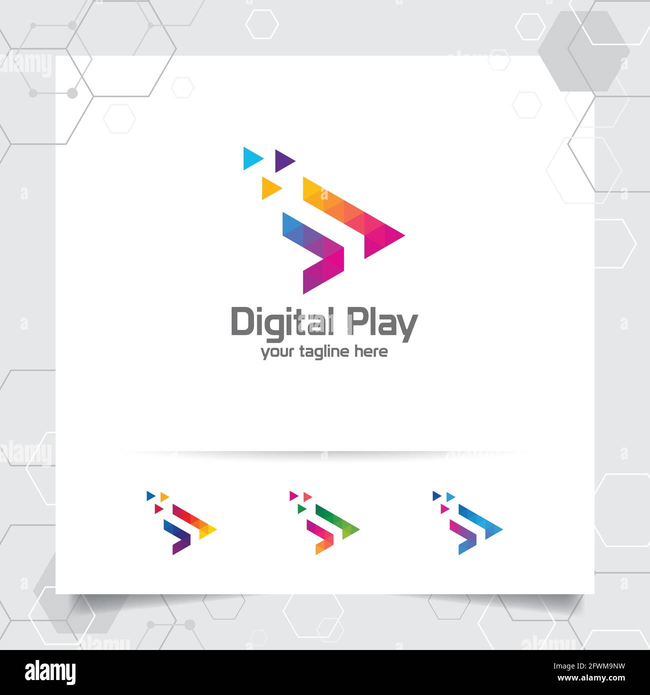 Media play logo vecteur avec concept de triangle coloré et icône de flèche pour studio de musique, application, et multimédia. Illustration de Vecteur