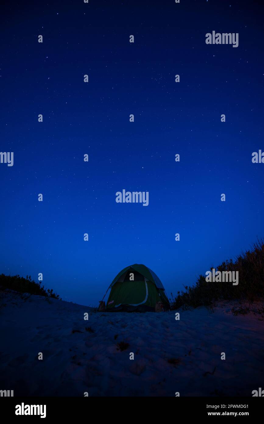 Camping sous les étoiles à la plage sur Assateague Island National Seashore. Banque D'Images