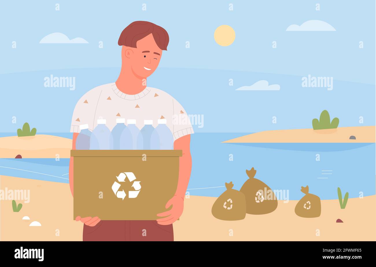 Bonne adolescence volontaire nettoyer la plage, la collecte recyclage déchets déchets déchets illustration vecteur. Caricature jeune homme personnage boîte de maintien pour nettoyer l'environnement de plage de la mer à partir de déchets recyclables arrière-plan Illustration de Vecteur