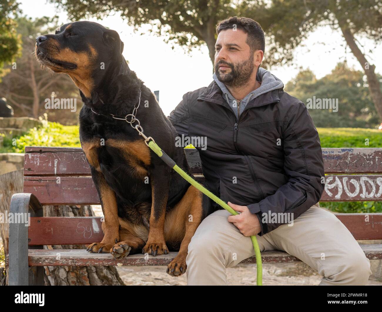 homme assis sur un banc de parc avec son chien rottweiler Banque D'Images homme assis sur un banc de parc avec son chien rottweiler Banque D'Images